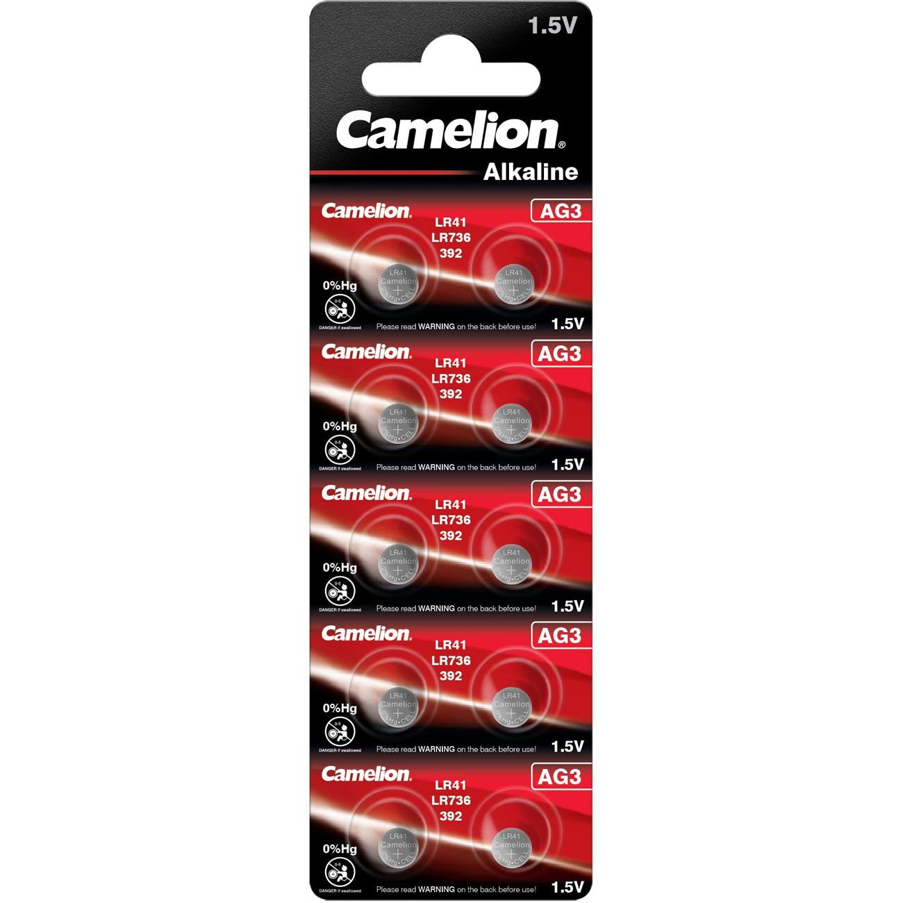 Camelion Alkaline-Knopfzellen LR41 AG3 1,5V, 28mAh Quecksilberfrei 10er Pack Knopfzelle, (10 St), Typ LR41 / AG3 / LR736 / 192 / V3GA