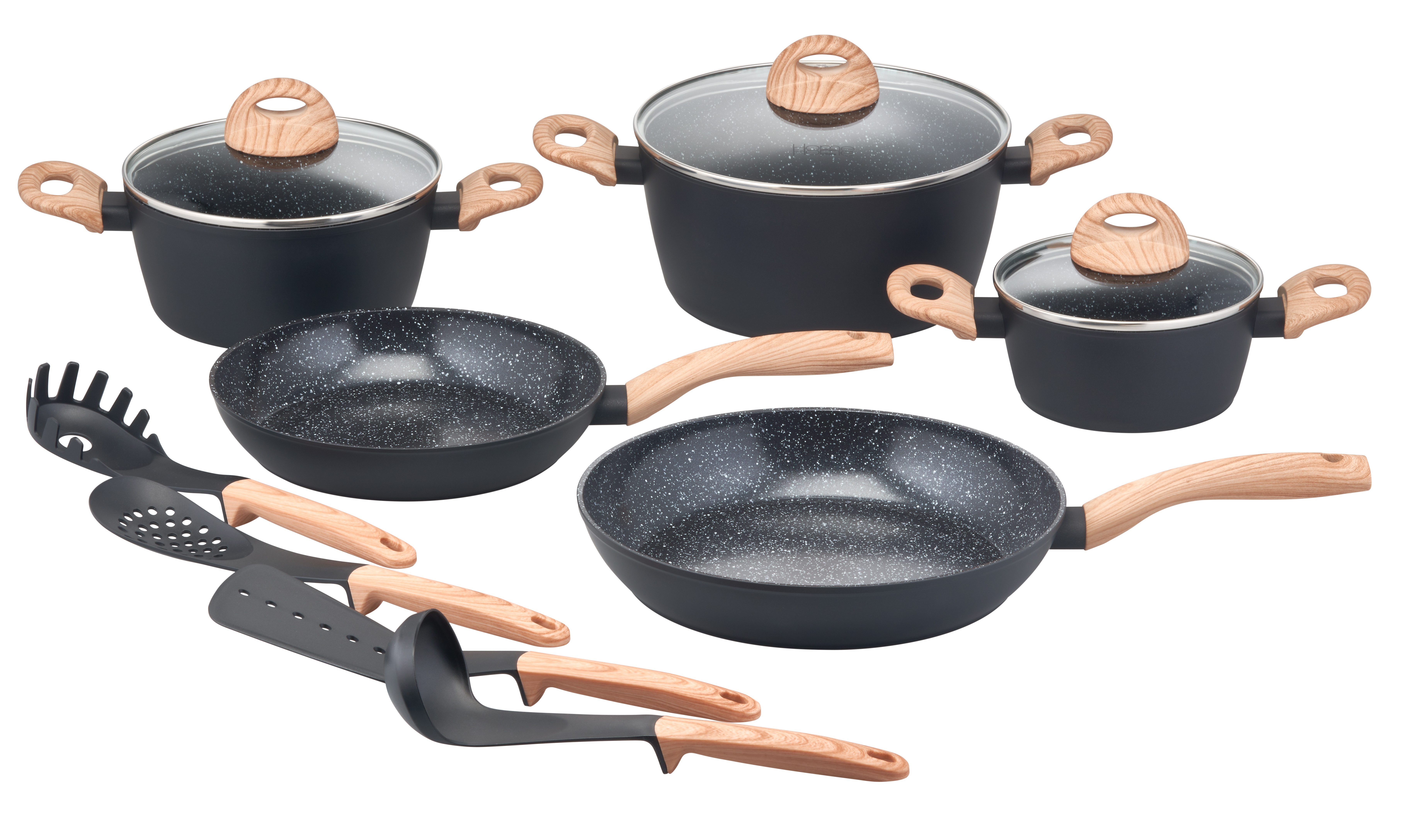my home Topf-Set Genlis, Aluminium (Set, 12-tlg., Kochtopf 16/20/24 cm, Bratpfanne 24/28 cm + 4-tlg. Küchenhelfer-Set), Kochtopf-Set im modernen Design mit formschönen Soft-Touchgriffen