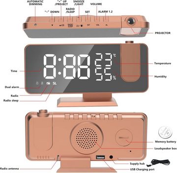 Sross Projektionswecker Projektionswecker, Projektions Radio Wecker digital mit Dual-Alarm 180° Projektor,LED-Anzeige, Snooze,4 Projektionshelligkeit,32FM Radio