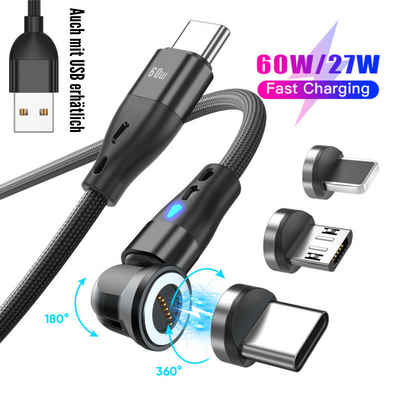 GreenHec 3 in 1 Magnet Kabel Schnelllade Datenkabel Android & iPhone 360° Usb-кабель, USB Typ A, USB Typ C, Lightning, Micro-USB (200 cm), Fast Charge Cable, 35W