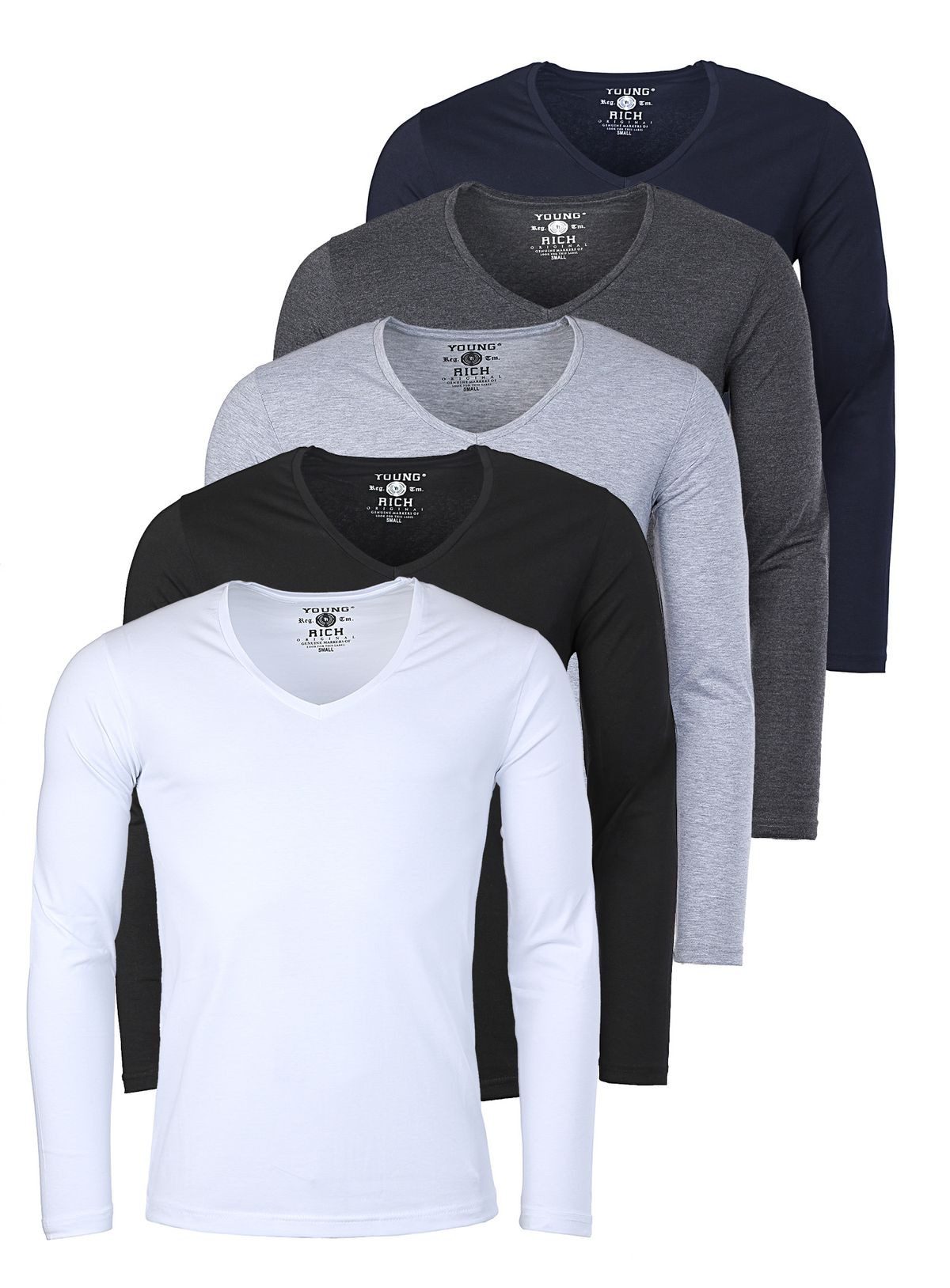 Langarmshirt Herren Uni Basic extra tiefer Ausschnitt Unterziehshirt 2239 5er Pack
