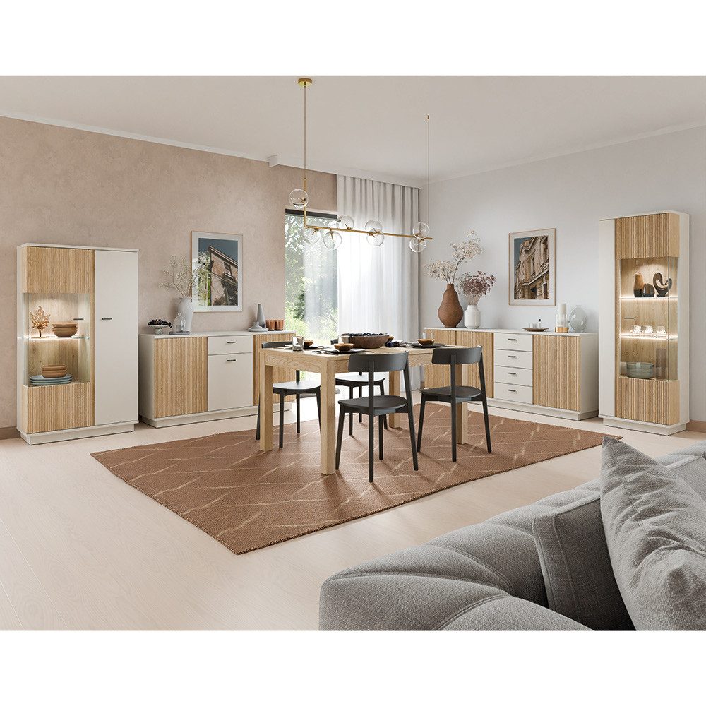 Lomadox Esszimmer-Set MOLINA-129, (Spar-Set, 5-St., Highboard Kommode Sideboard Vitrine Esstisch), Esszimmermöbel in Eiche & kaschmir mit Softclose-Funktion & Stauraum