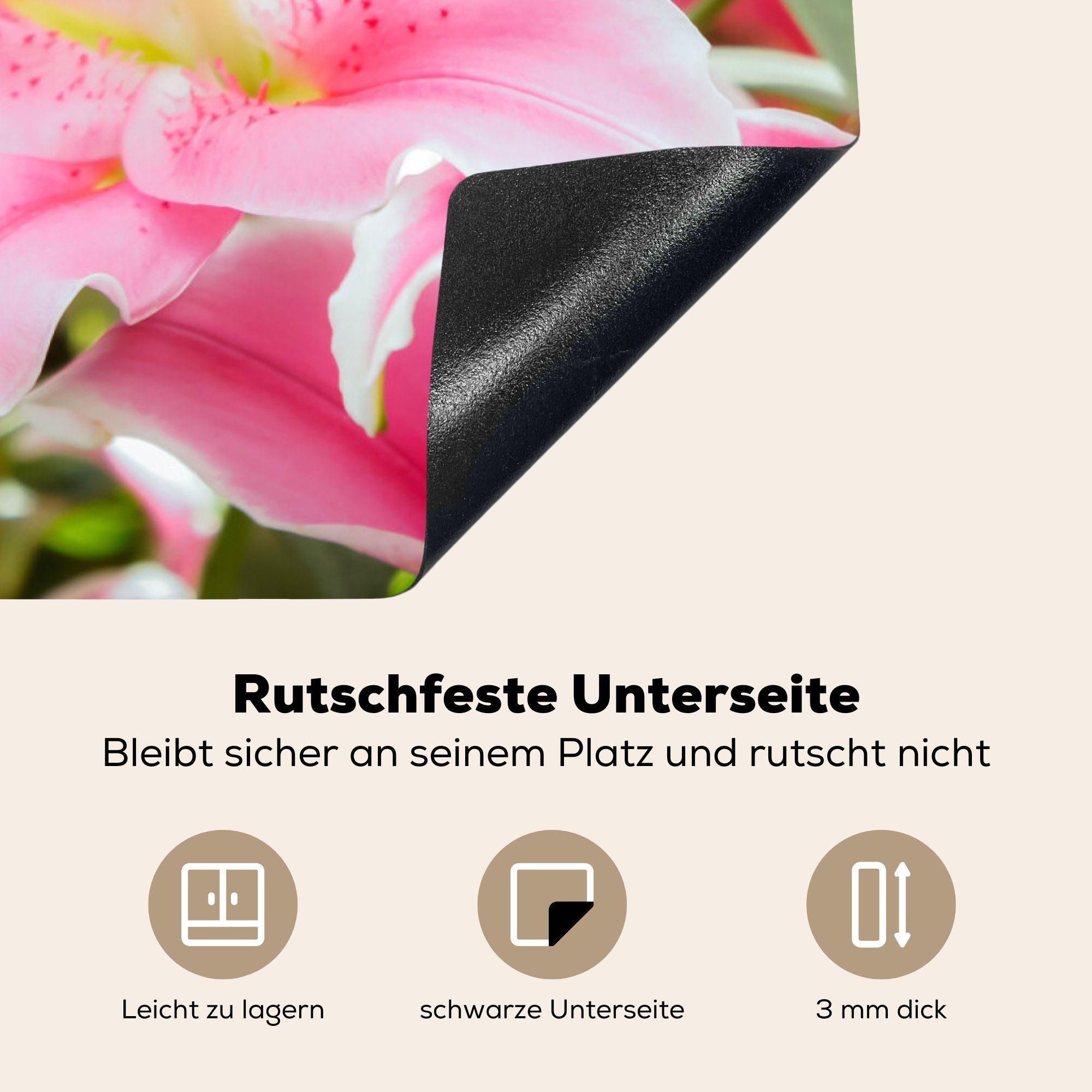 MuchoWow Herdblende-/Abdeckplatte Lilie - tlg), die Induktionskochfeld küche, Blumen - Schutz Vinyl, (1 cm, 81x52 Rosa, Ceranfeldabdeckung für