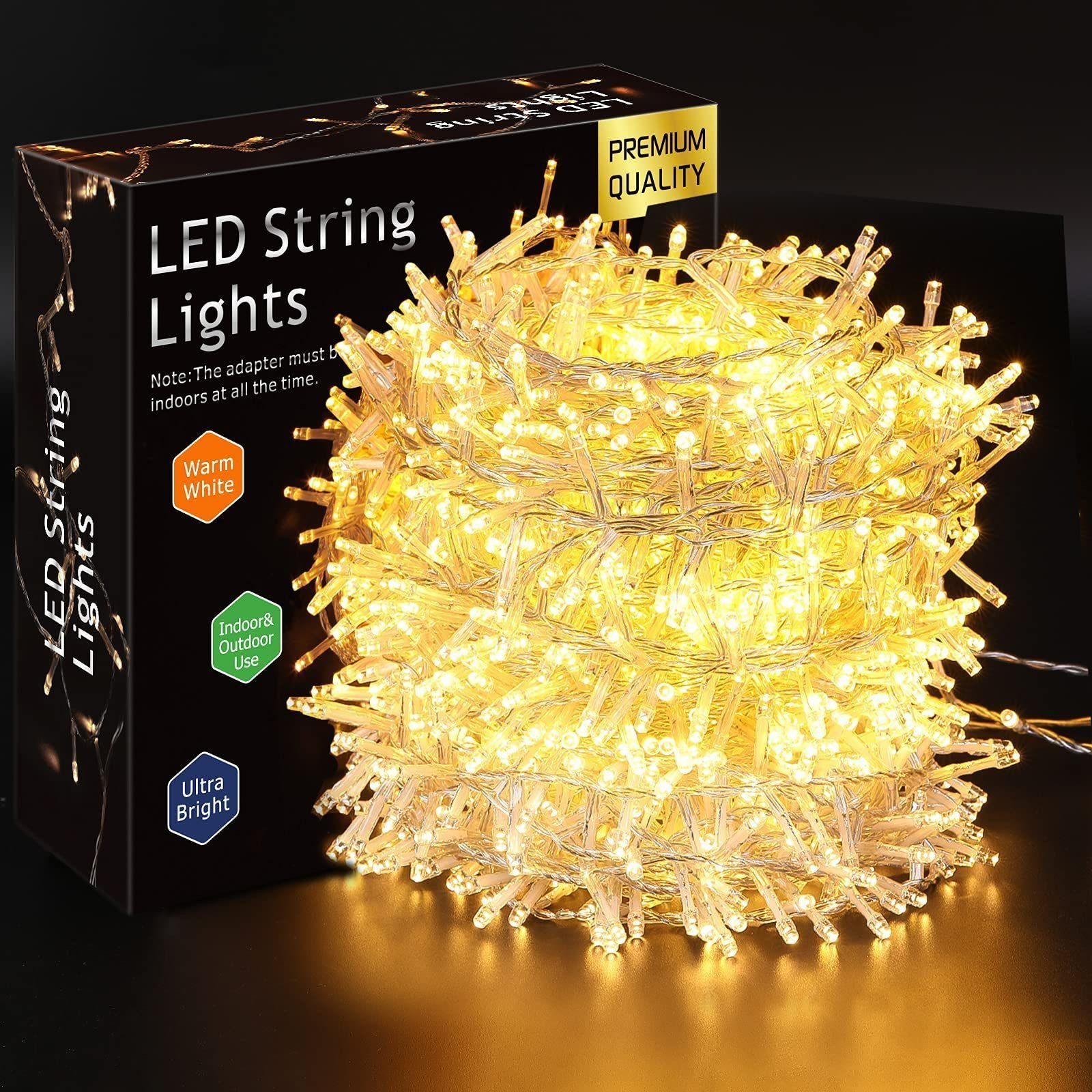 Elegear Lichterkette Außen LED lichtervorhang 10/25/50/100M, Memory-Funktion, mit 8 Modi für Weihnachtsdeko Weihnachtsbaum Innen/Außen