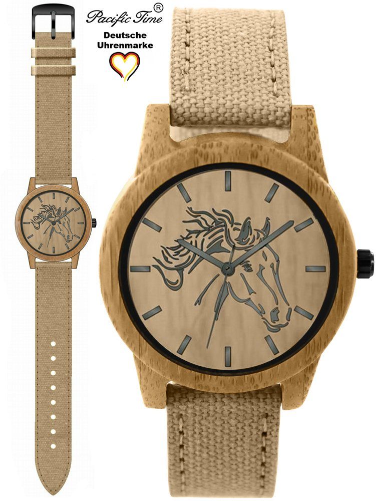 PACIFIC TIME Quarzuhr Damenuhr analog Pferd Holz Canvas Armband Gratis Versand mehr