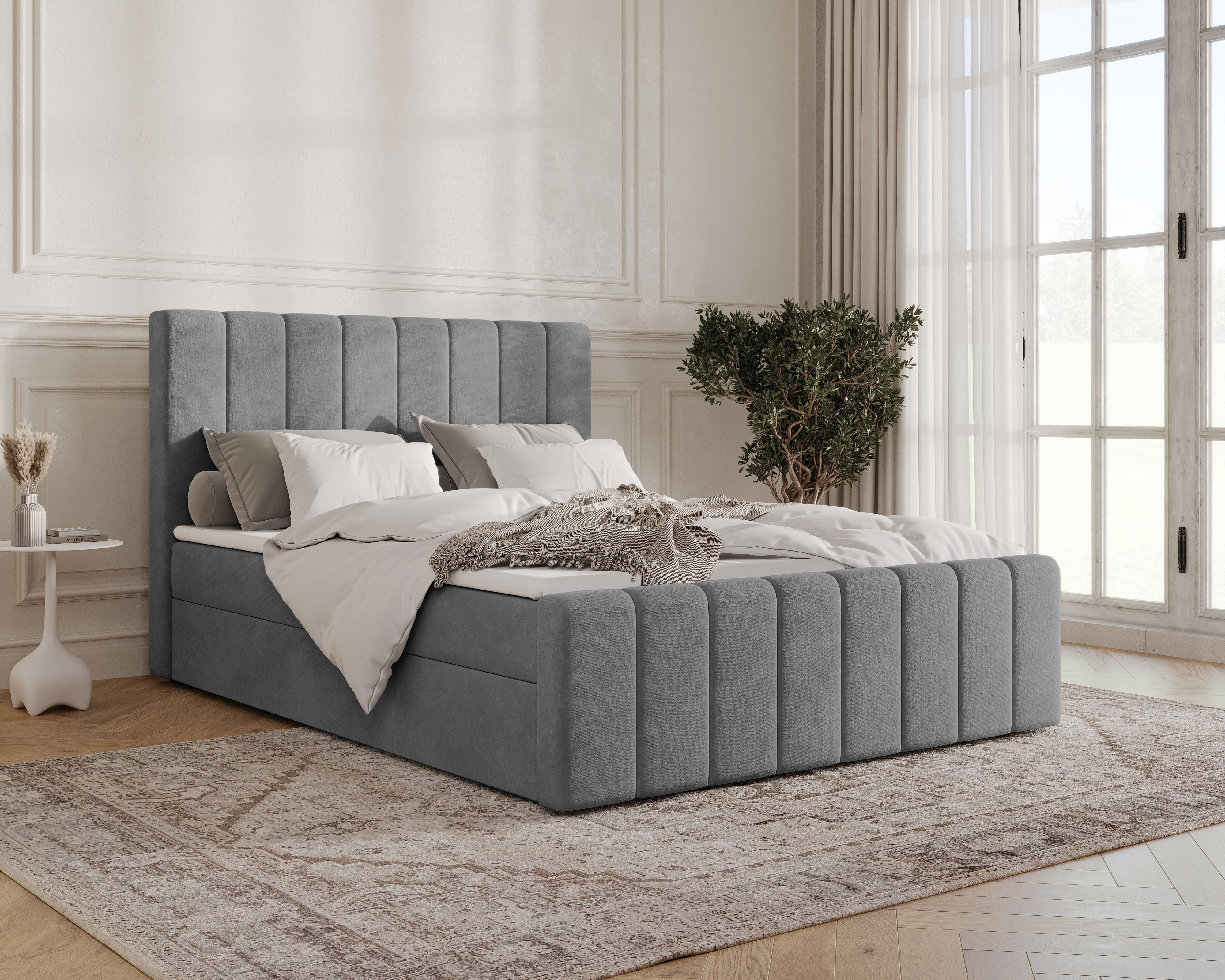 MOEBLO Boxbett BETT 01 BIS (Bonell, Topper, modernes Velours-Design mit Steppung & Stauraum, Doppelbett gepolstertes Kopfteil mit Bettkasten, aus Samt, Polsterbett Kontinentalbett, dekorativem Kopfteil, aus Samt), - (BxHxT):144/164/184x113x223 cm