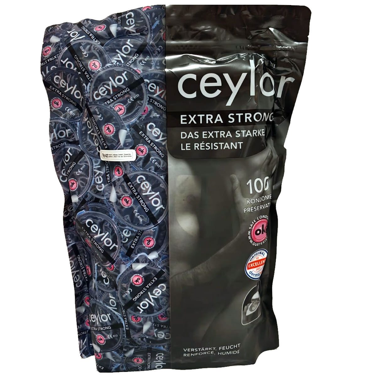 Ceylor Kondome Extra Strong (verstärkte Kondome) Packung mit, 100 St., extra starke Kondome, Premium-Qualität aus der Schweiz, im hygienischen "Dösli", einfach zu öffnen, schnelleres Überziehen