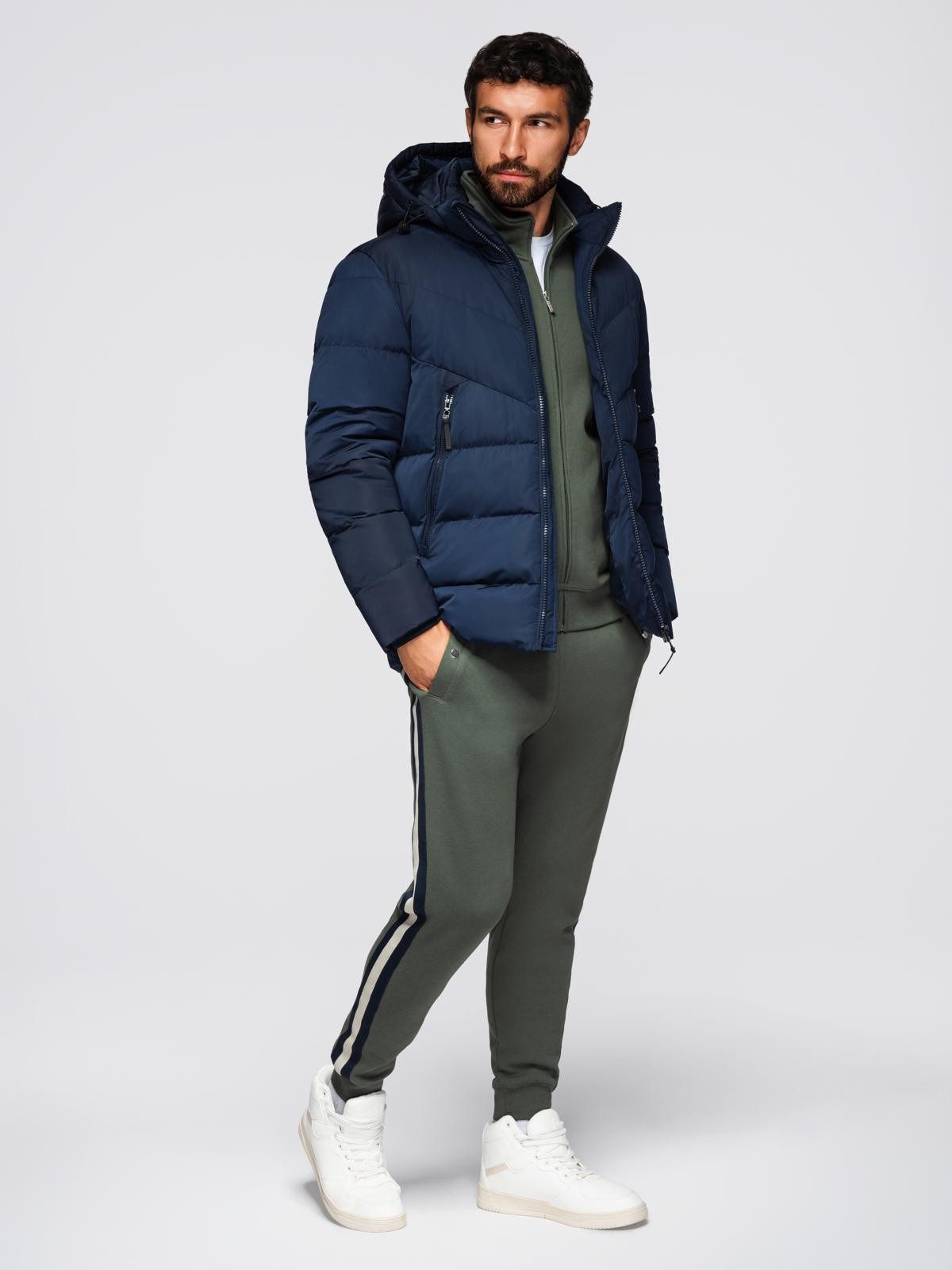 OMBRE Winterjacke Herrenjacke mit asymmetrischer Steppung und Kapuze – marineblau