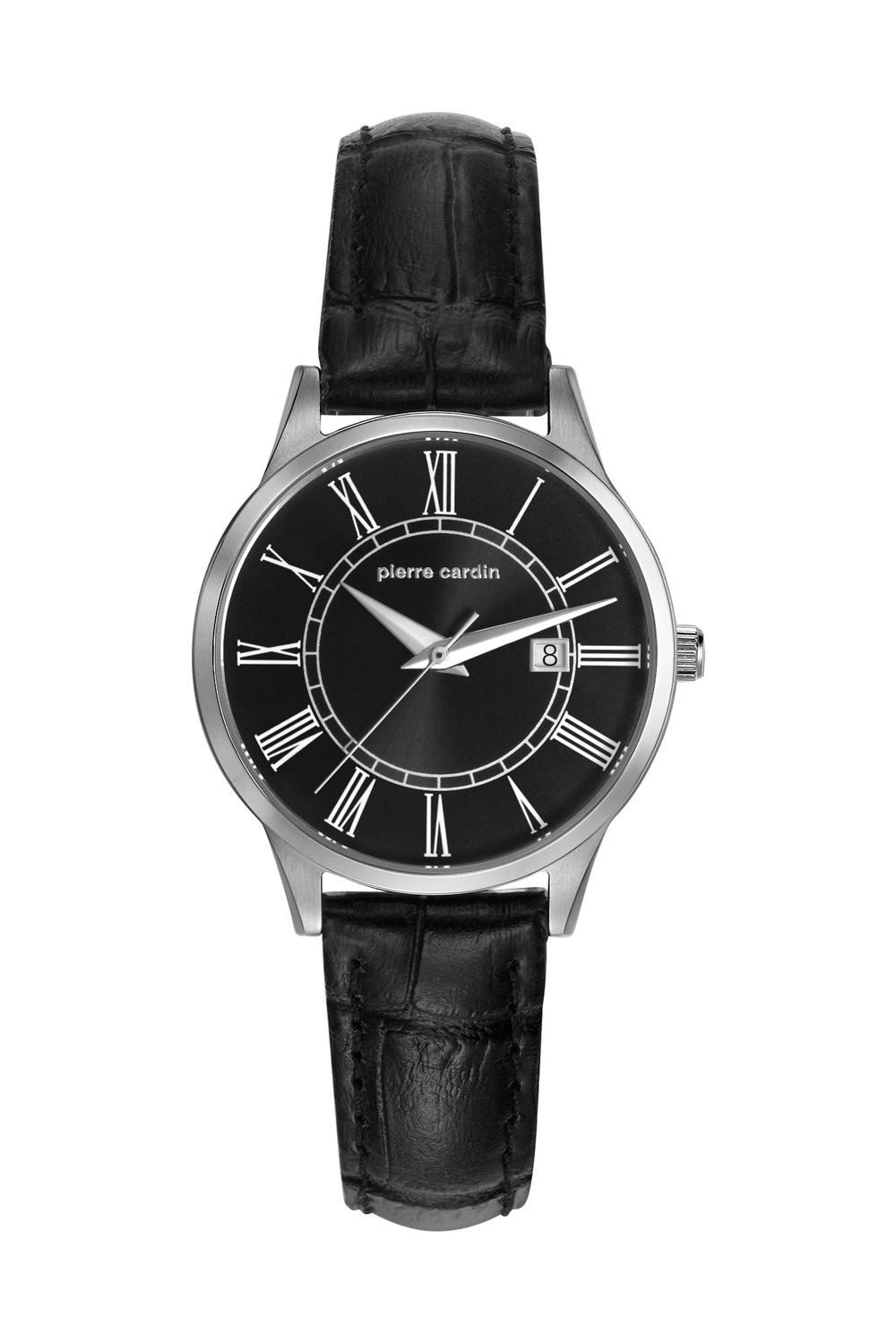 Pierre Cardin Quarzuhr Damenuhr Armbanduhr Edelstahl Leder Schwarz PC901732F02, Datumsanzeige, 3-Zeigeruhr, 30m/3bar wasserfest