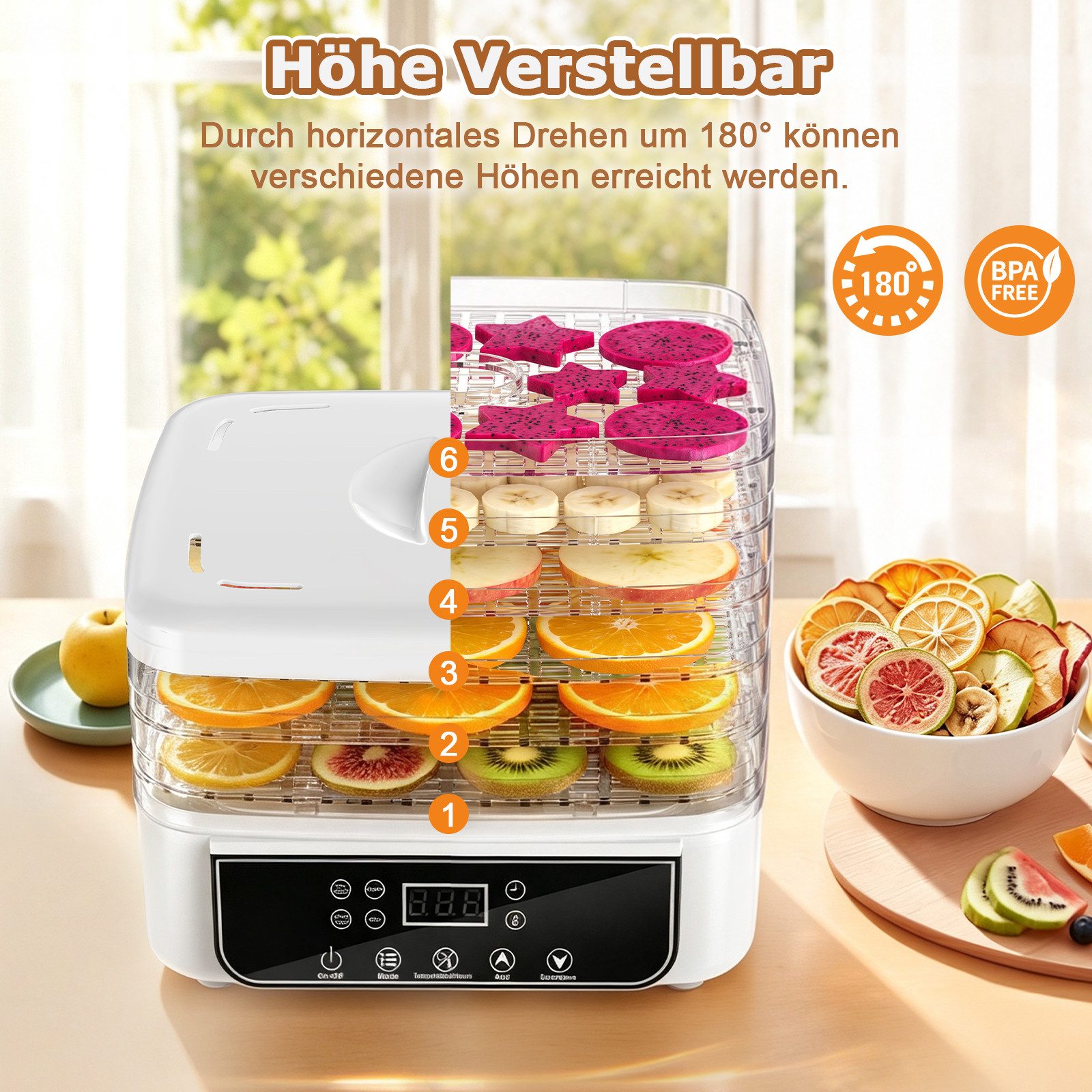 Fofile Dörrautomat Dörrautomat für Obst und Gemüse, Dörrgerät mit Temperaturregler 160 W, 6 Etagen, 48h-Timer, 6 Einlegefächer, 35–70 °C, Snack to go – Bild 5 von 5