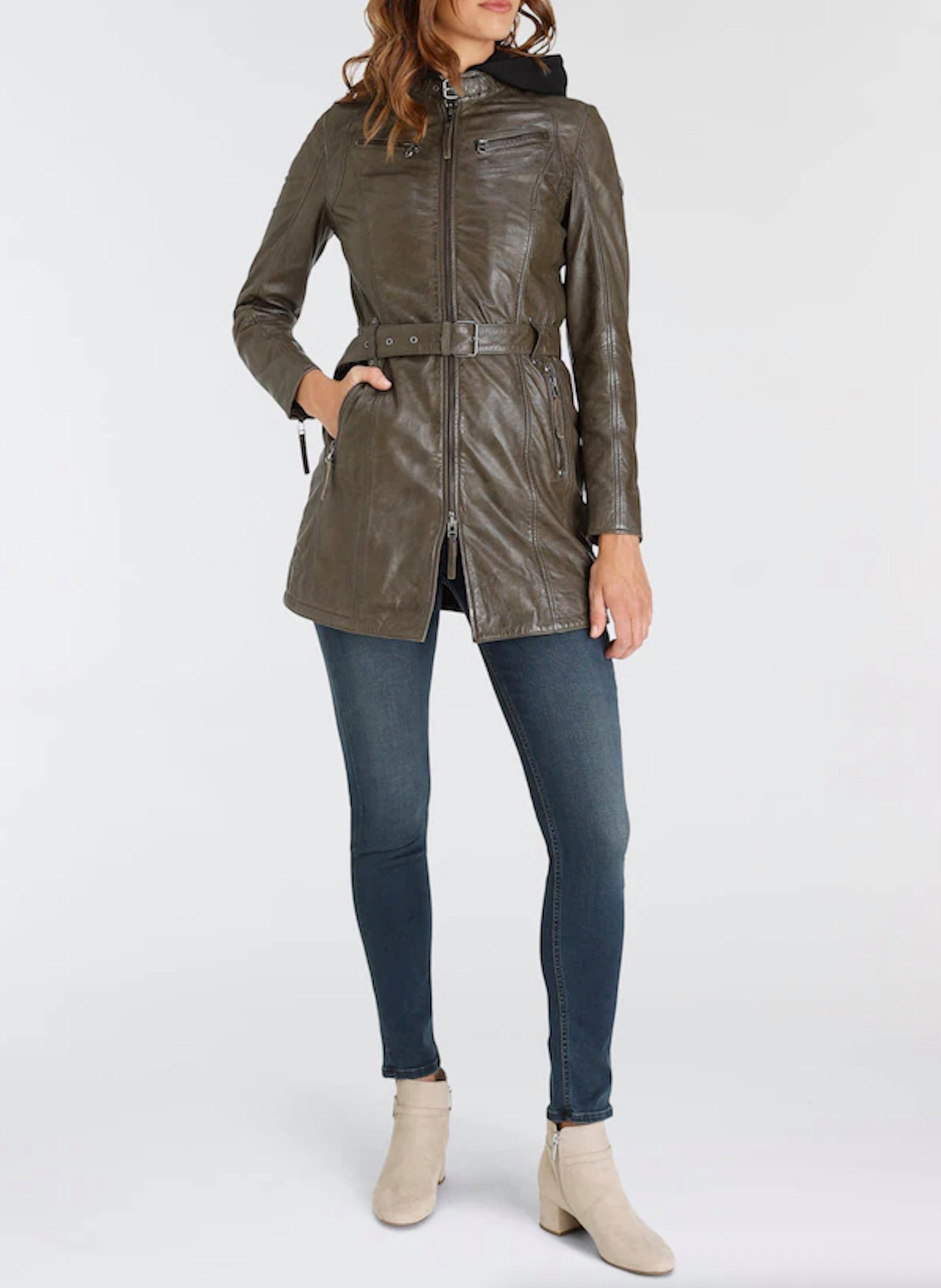 Keskin Collection Lederjacke Lederjacke Ledermantel Olive mit Kapuze abnehmbar und mit Gürtel Kapuze abnehmbar