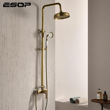 ESOP Duschsystem Duscharmatur Messing Antik Regendusche Wandhalterung, mit 20cm Drehbar Duschkopf, Handbrause, Einstellbar Duschstange