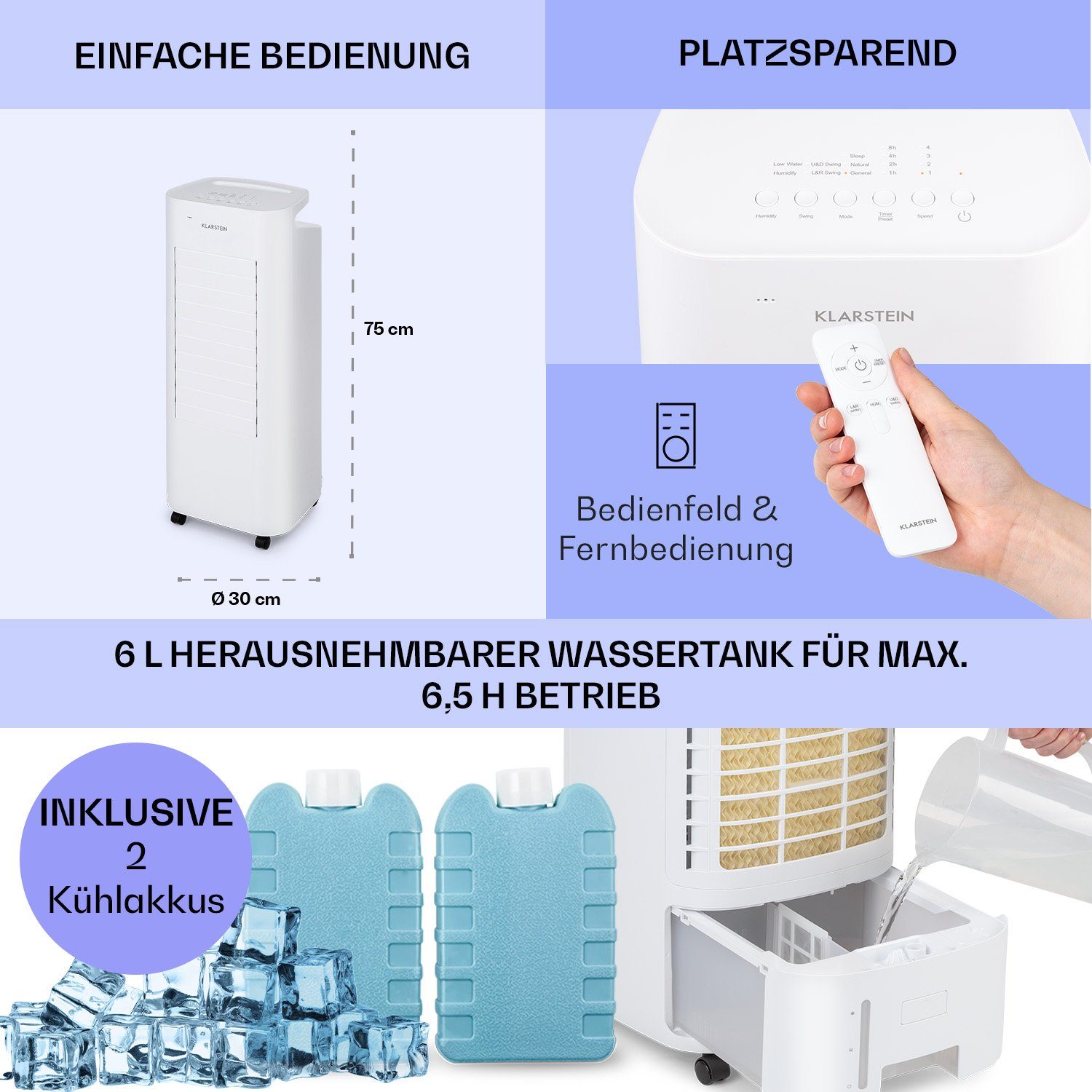 mit ohne mobil Luftkühler, Eis IceWind Wasserkühlung Max Weiß 3-in-1 Abluftschlauch Klarstein Klimagerät Ventilatorkombigerät &