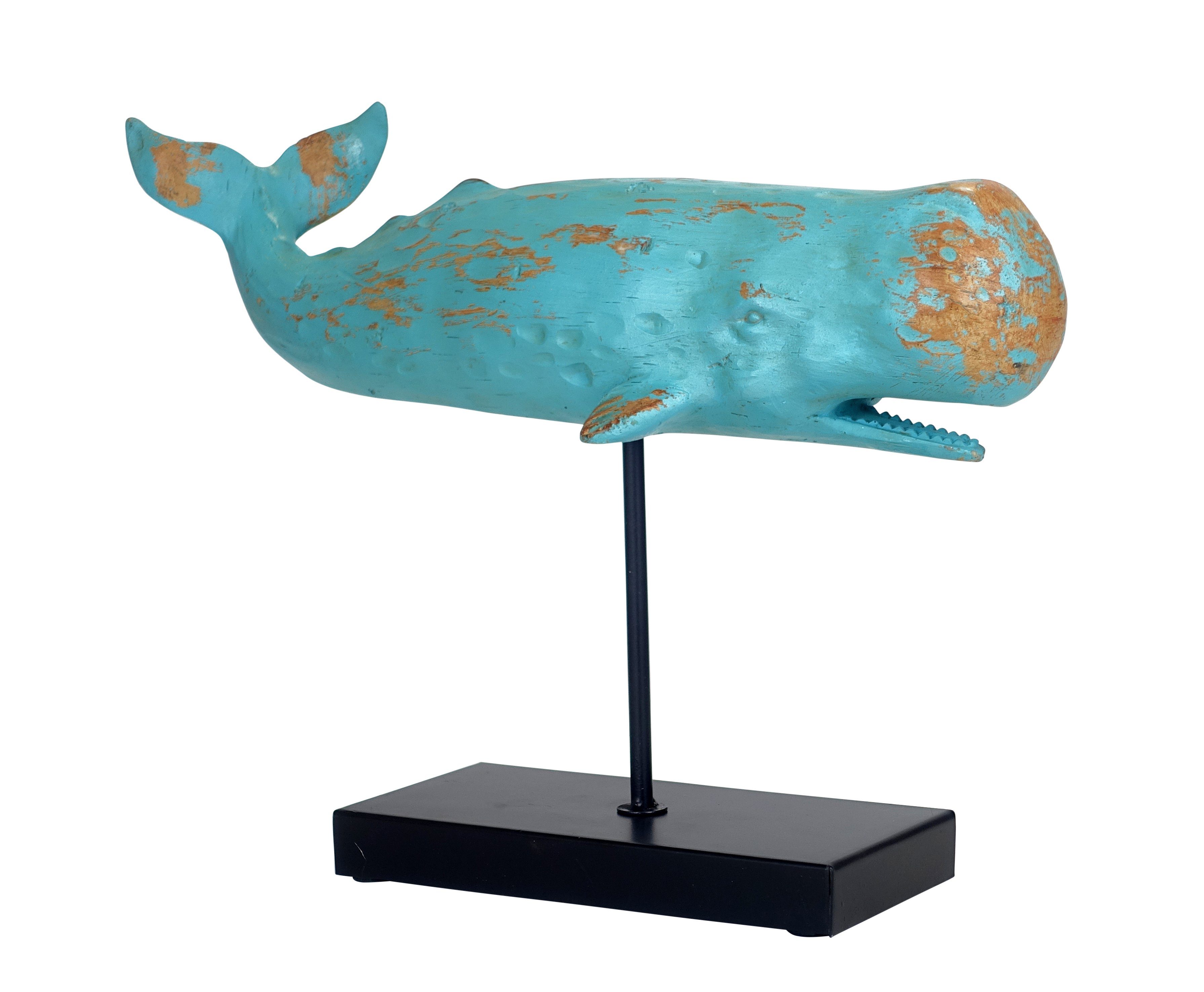 MichaelNoll Dekofigur Wal Walfisch Fisch Dekofigur Statue Skulptur Standfuß Polyresin Modern - Maritime Deko für Wohnung in Holz-Optik - Dekoration für Wohnzimmer, Schlafzimmer oder Badezimmer - XL 40x12.50x28 cm