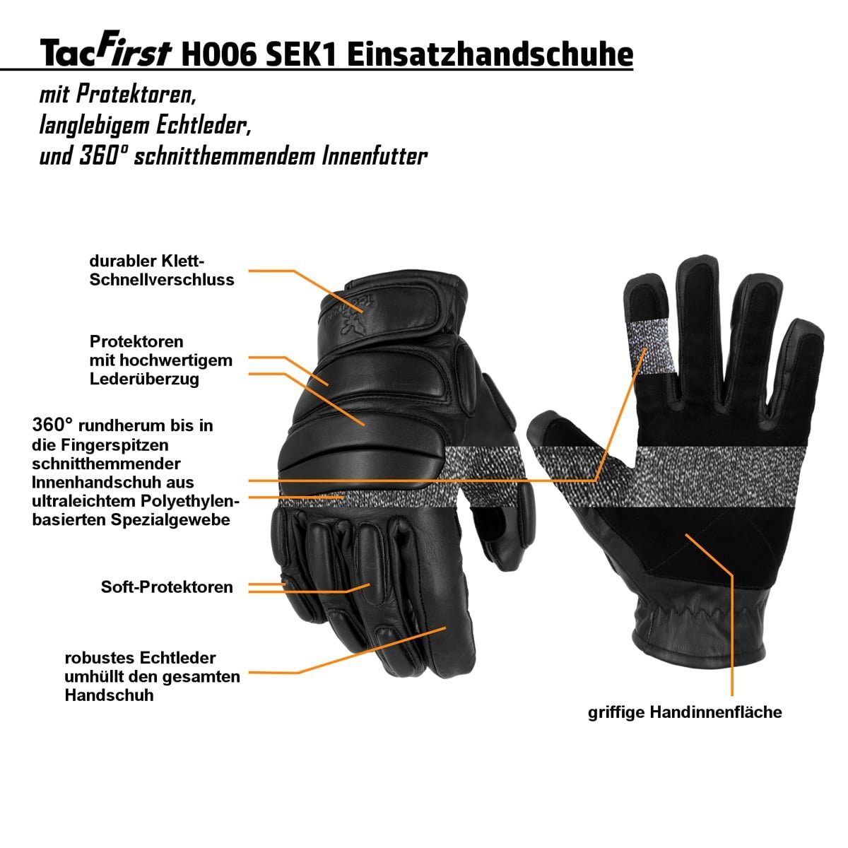 TacFirst Lederhandschuhe TacFirst Polizei Einsatzhandschuhe SEK Protektoren mit Schnittschutz Schnitthemmend – Bild 4 von 5