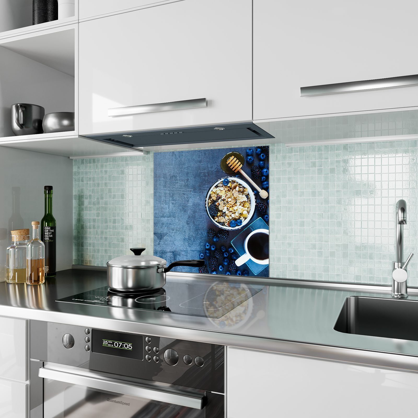 Primedeco Küchenrückwand mit Motiv Küchenrückwand Glas Müsli Spritzschutz und Honig