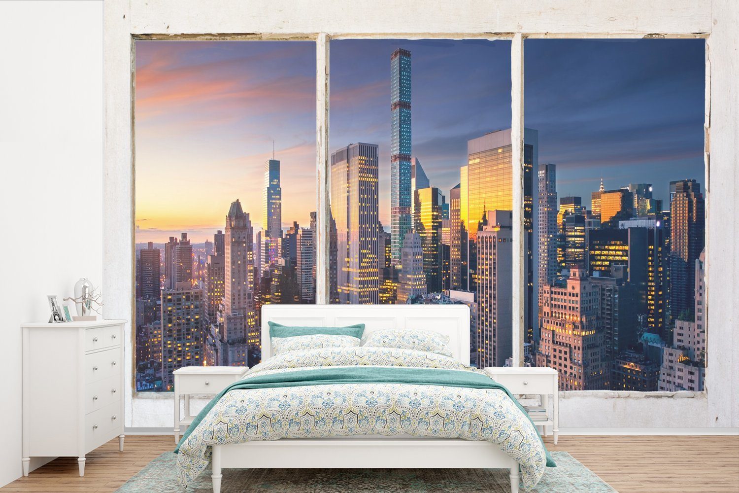 MuchoWow Fototapete New York - Aussicht - Skyline, Matt, bedruckt, (6 St), Wallpaper für Wohnzimmer, Schlafzimmer, Kinderzimmer, Vinyl Tapete