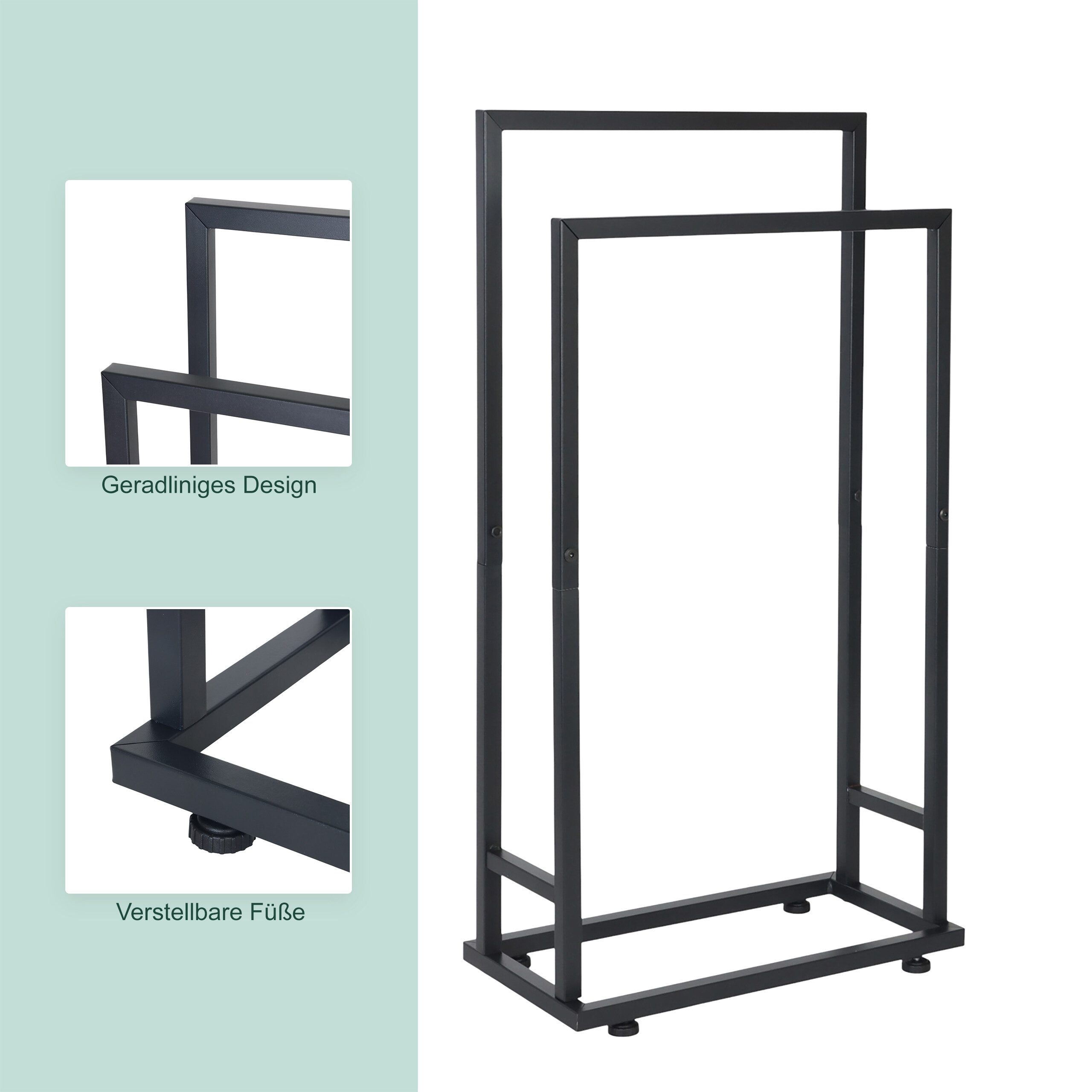 relaxdays Handtuchständer 2 Stangen Metall, schwarz – Bild 5 von 5