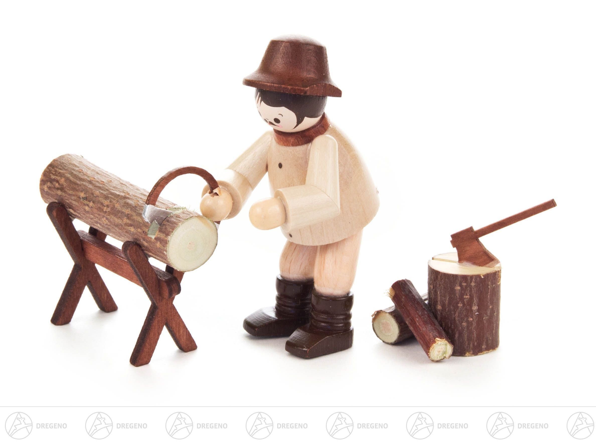 Dregeno Erzgebirge Weihnachtsfigur Miniatur Waldarbeiter beim Sägen natur (3) Höhe ca 6 cm NEU