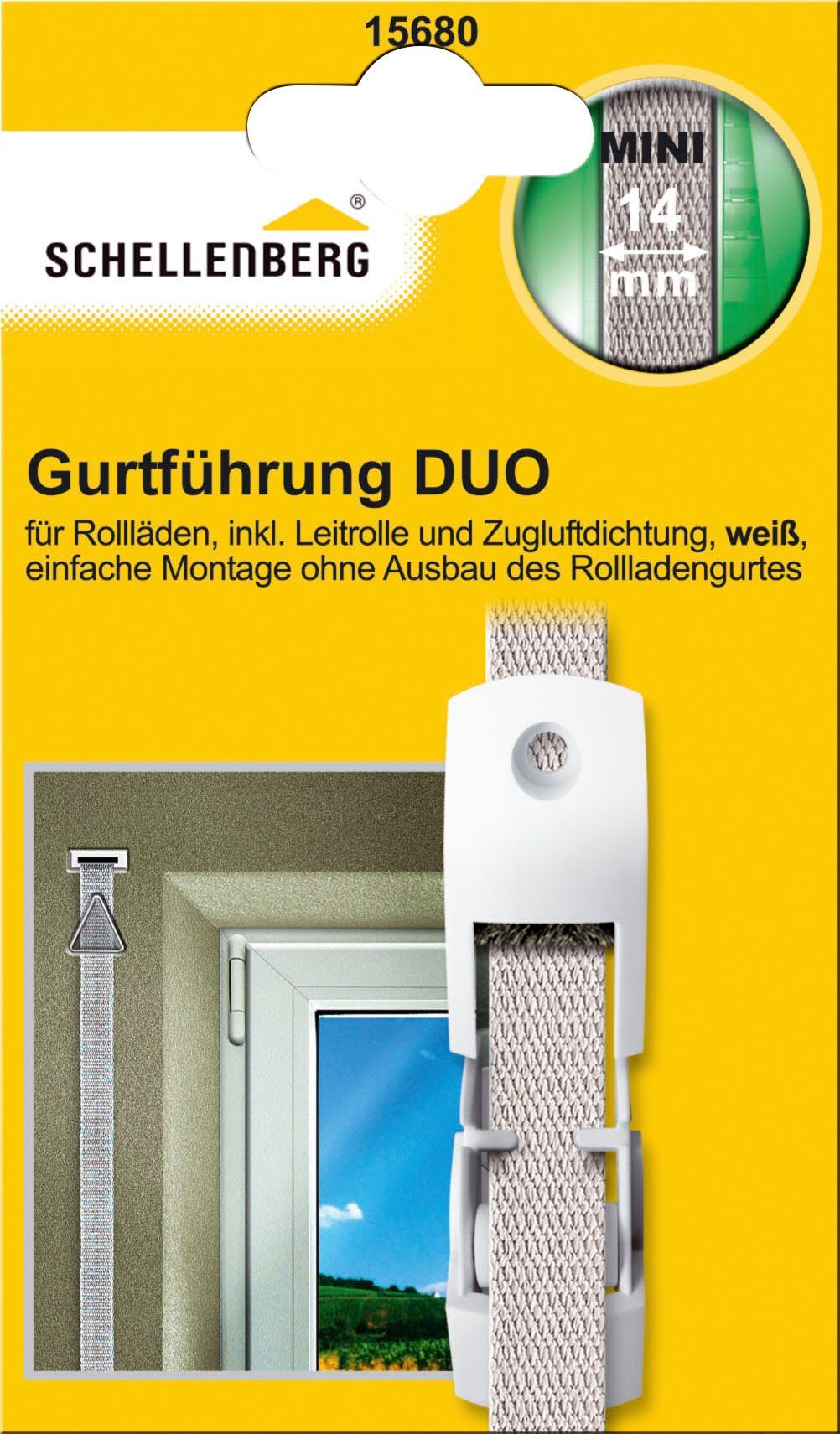 SCHELLENBERG Rollladen-Gurtführung Duo für das Rollladensystem Mini, für max. 1,4 cm Gurtbreite, Set, 1-St., inkl. Zugluftdichtung und Gurtleitrolle