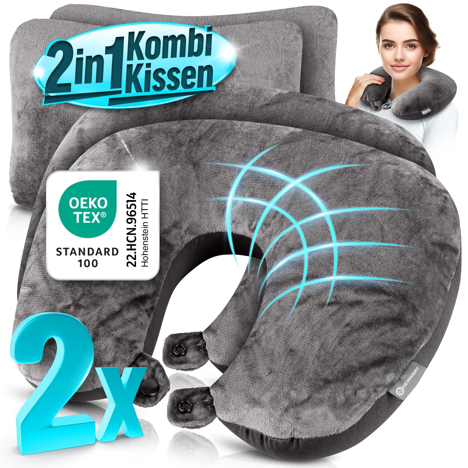 HEIMWERT Reisekissen Nackenkissen, 31x21 cm, 2-tlg., Nackenhörnchen und Kis günstig online kaufen