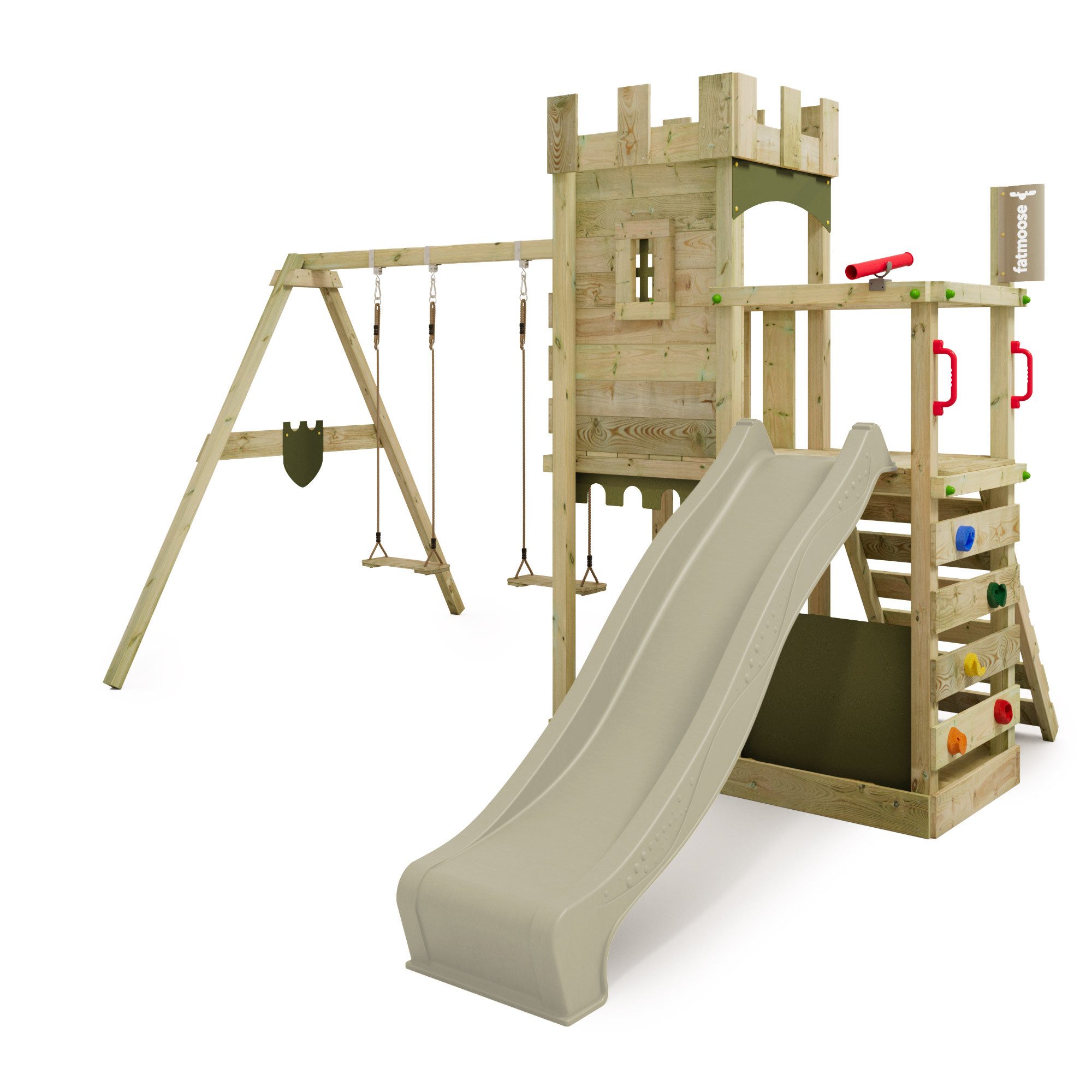 FATMOOSE Spielturm BoldBaron mit Schaukel, Rutsche & Kletterwand, Kletterturm aus Massivholz für Kinder – 10 Jahre Garantie*