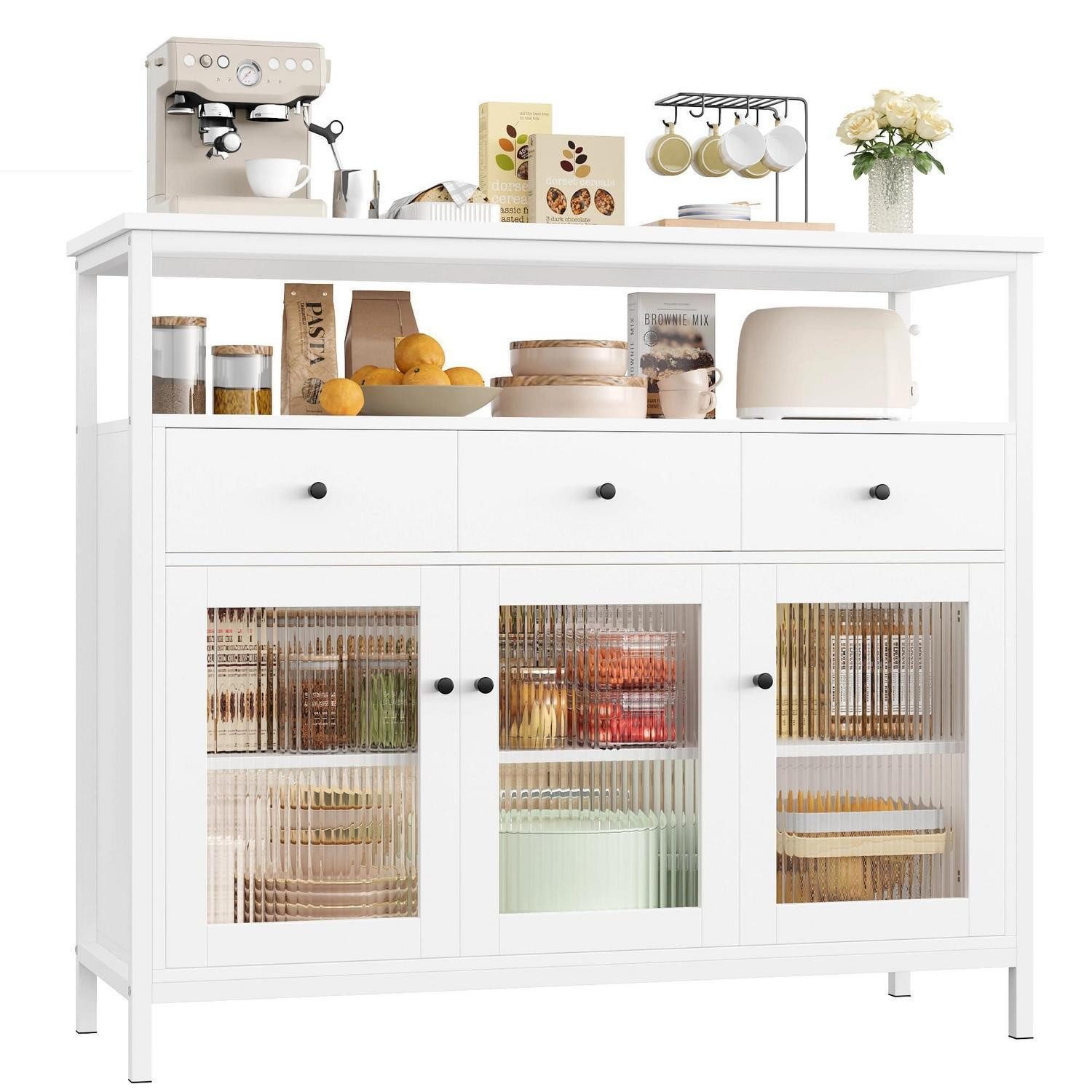 LuxusKollektion Küchenbuffet Sideboard Arbeitsplatte 3 Schubladen 3 Glastüren Weiß