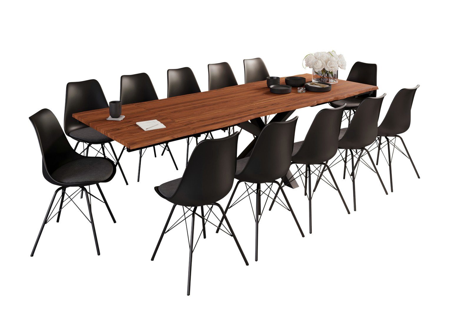 SAM® Essgruppe Kapolei, Akazienholz, nussbaumfarben, Baumkante, 2 Ansteckplatten + 12 Stühle