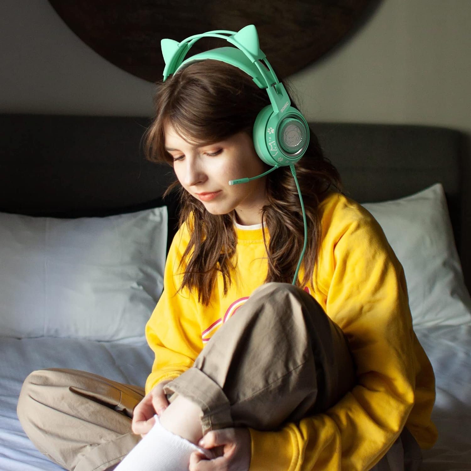 Ohr) Gaming-Headset Gaming-Headset Mädchen Ohr, Mikrofon Kopfhörer mit G951S über In-Line-Mikrofonsteuerung, für (mit dem Stereo-Sound-Kopfhörer Frauen, Grünes und am Somic