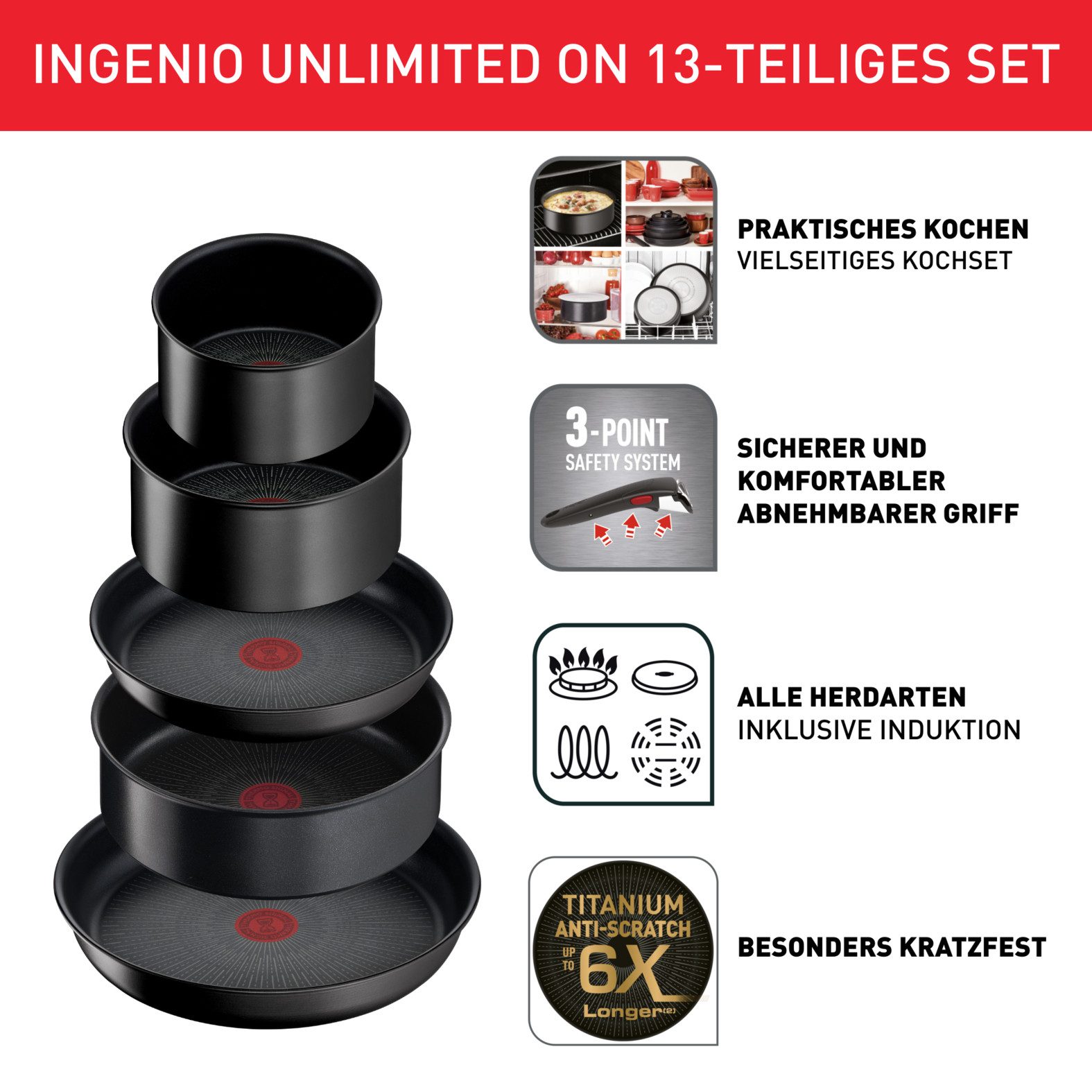Tefal Topf-Set Ingenio Unlimited On, Topf und Pfannenset abnehmbarer Griff, stapelbar, Aluminium (Set, 13-tlg., Kasserollen 16/20/24cm, Pfannen 24/28cm, Griffe, Deckel, Küchenhelfer), platzsparend, Pfannen Induktion mit Antihaftversiegelung, L39593