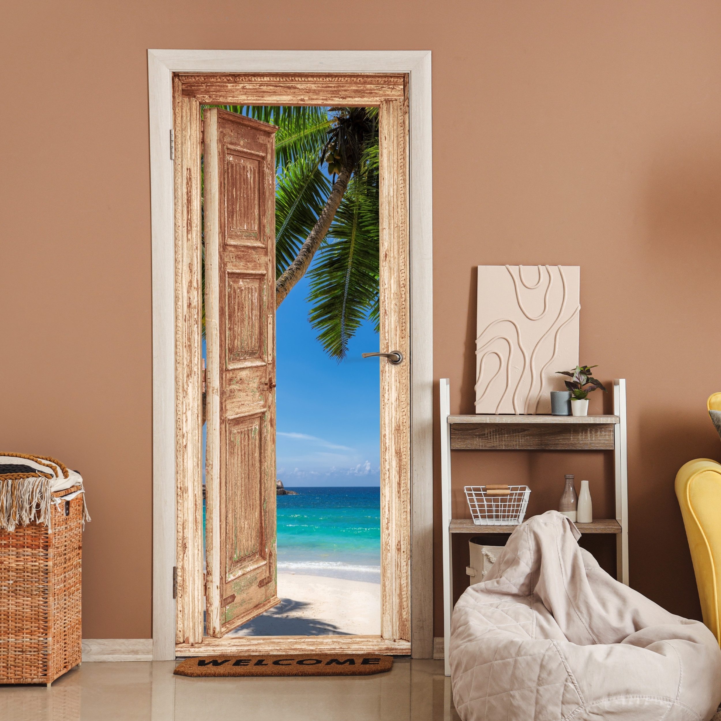 MuchoWow Türtapete Hellbraune Tür - Durchsichtig - Palme - Strand, Matt, bedruckt, (1 St), Selbstklebende Tapete, Folie für Möbel, 70x215 cm – Bild 2 von 5