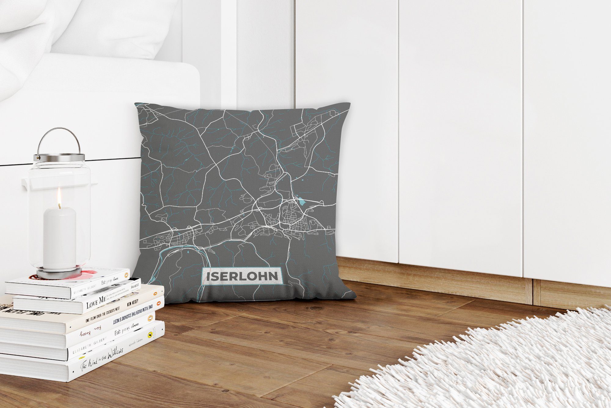 Füllung Dekokissen Schlafzimmer, - mit Karte - Iserlohn, MuchoWow Deutschland Deko, - Blau für Wohzimmer, Sofakissen - Zierkissen Stadtplan