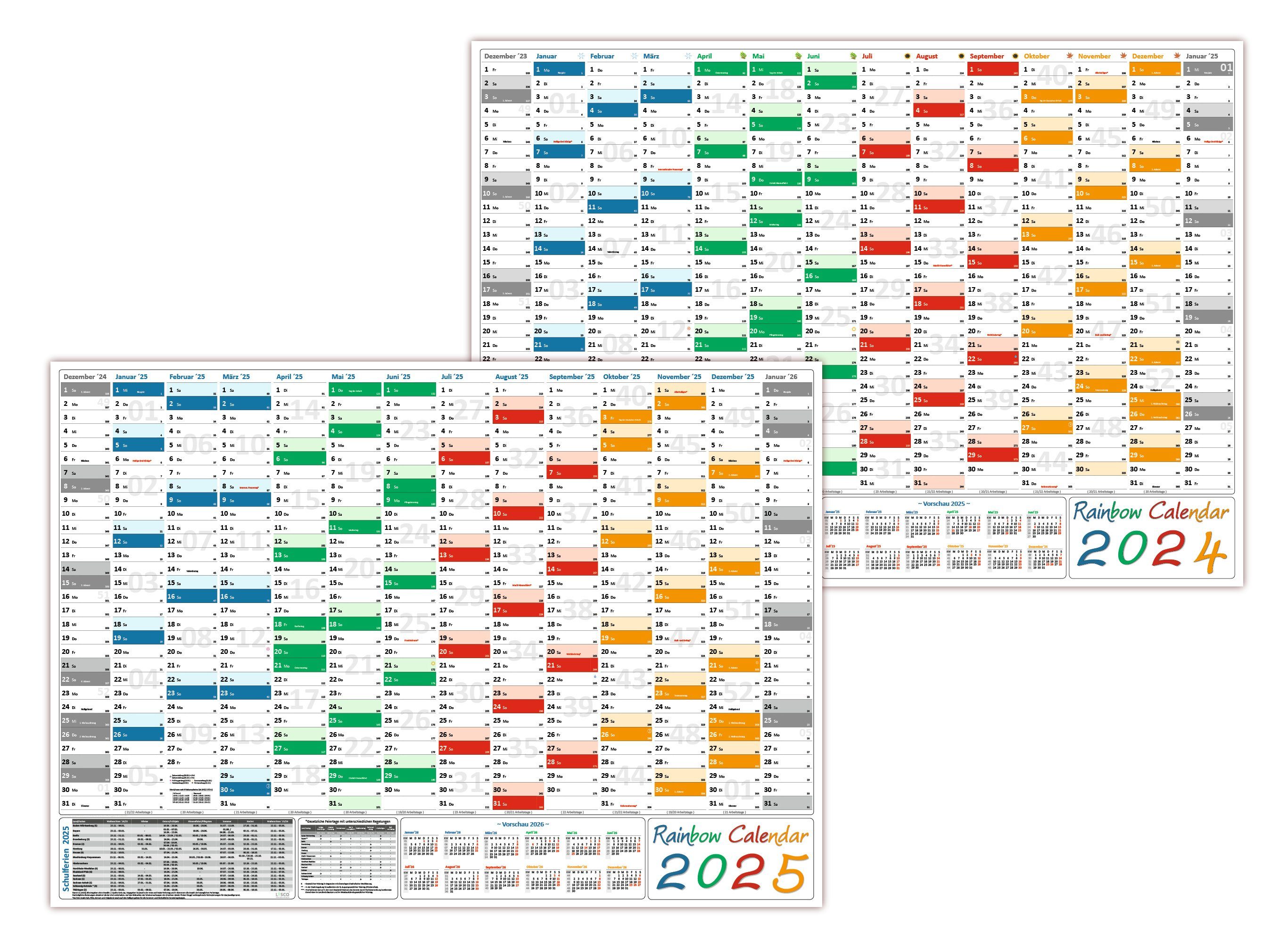 LYSCO Wandkalender Rainbow Wandplaner 2024 + 2025 gerollt DIN A0 (841x1189 mm) 14 Monate, zwei separate Kalender