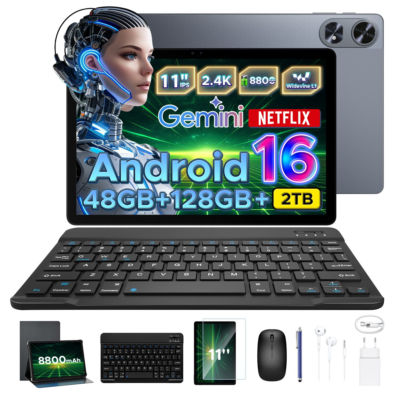 Aorlym P11 Pro Android 16 Tablet mit Tastatur,90Hz,128GB ROM,8800mAh,11 Zoll Tablet (11", 128 GB, Android 16, WiFi, 48GB RAM (8 + 40 GB erweitert), GPS, Face ID, 5G WiFi, Gemini AI)