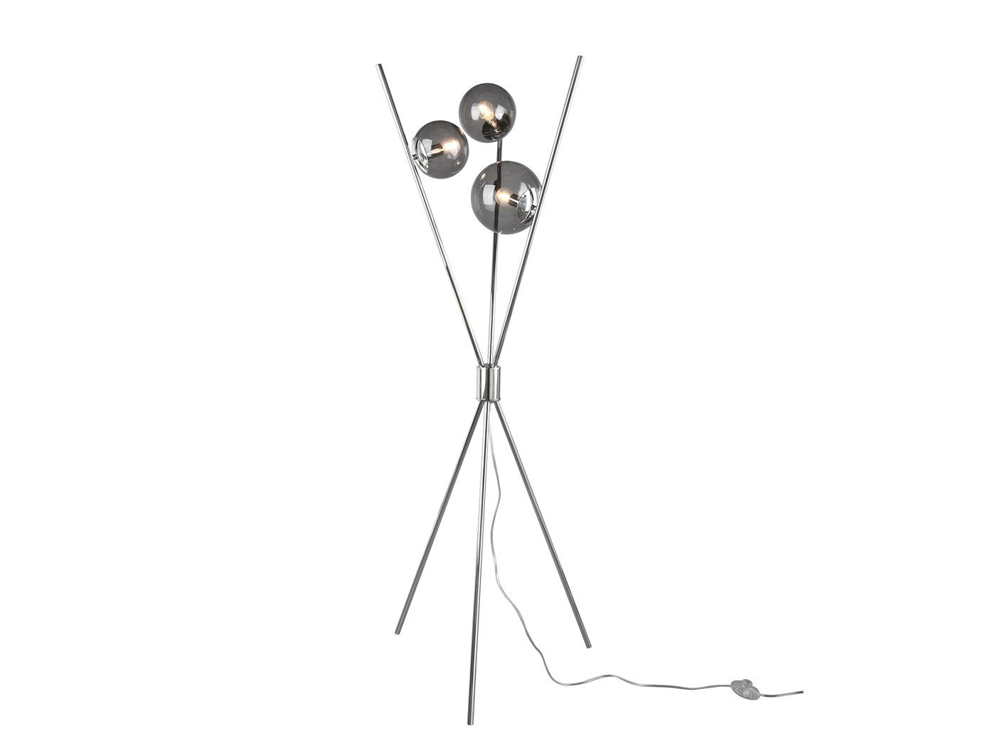 TRIO LED Stehlampe, Dreibein Höhe 156cm LED Rauch-Glas-kugel Rauchfarbig-Silber moderne wechselbar, ausgefallene Tripod Lampe Warmweiß