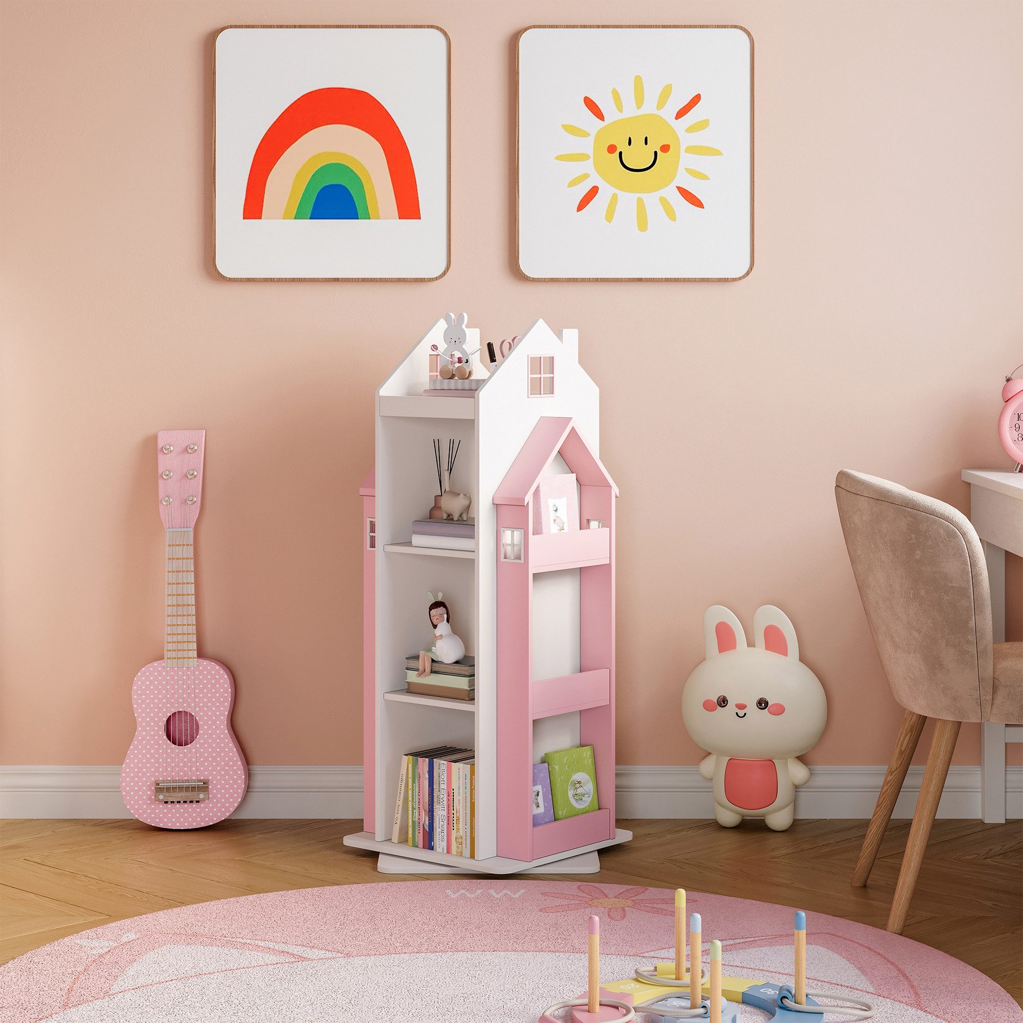 en.casa Kinderregal, drehbar »Vipsali« in Hausdesign 108x40x40 cm Rosa/Weiß