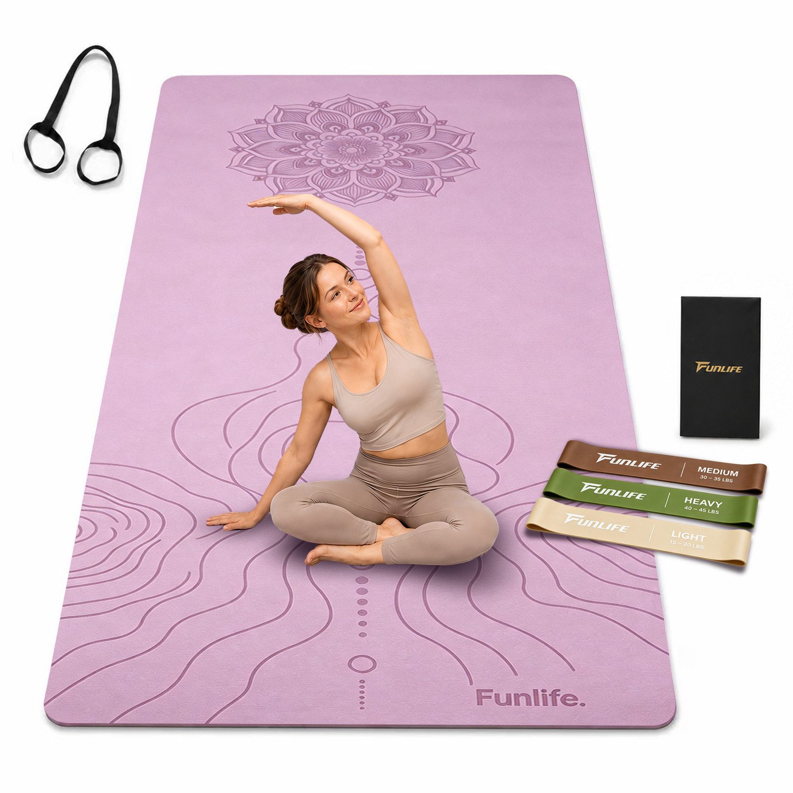 FunLife Yogamatte EXTRA WIDE 80 CM – einzeln oder mit 3 Widerstandsbändern (Set, Yogamatte, Tragegurt), extra breit, 8 mm gepolstert, rutschhemmend