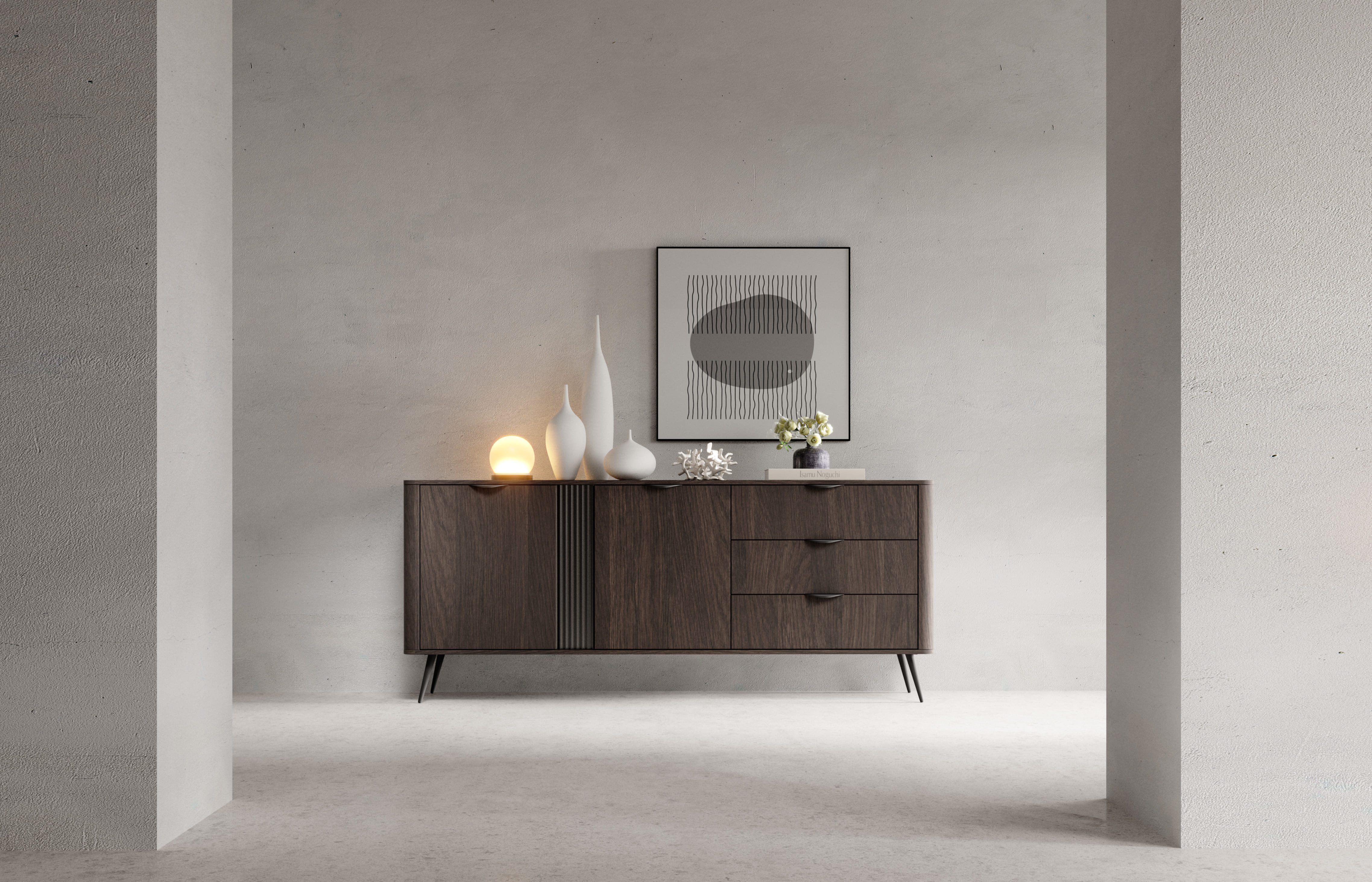 MOEBLO Kommode LARON 195 2d3s (Eiche Dunin & Schwarz, modernes Wohnzimmermöbel im Japandi- und Industrial-Design mit Schubladen und Türen, Sideboard Wohnzimmer Kommode Schlafzimmer Komodenschrank), (BxHxT): 195,2 x 81,2 x 38 cm
