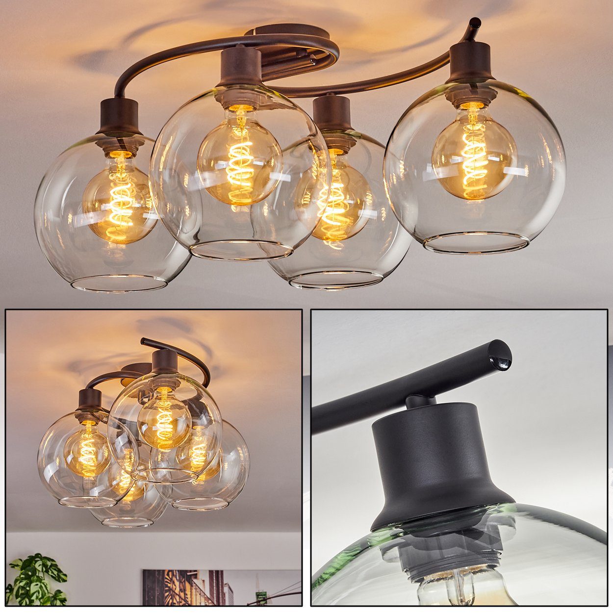 hofstein Deckenleuchte Deckenlampe aus Metall/Glas in Schwarz/Klar, ohne Leuchtmittel, Leuchte im Retro-Design aus Glas, 4 x E27, ohne Leuchtmittel