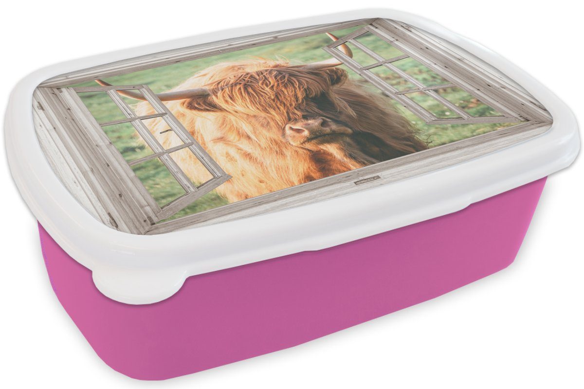 Fenster Ansicht für MuchoWow Tier, Brotdose Mädchen, Lunchbox Kinder, Schottischer Erwachsene, (2-tlg), - Snackbox, - rosa Kunststoff Highlander Brotbox - Kunststoff,