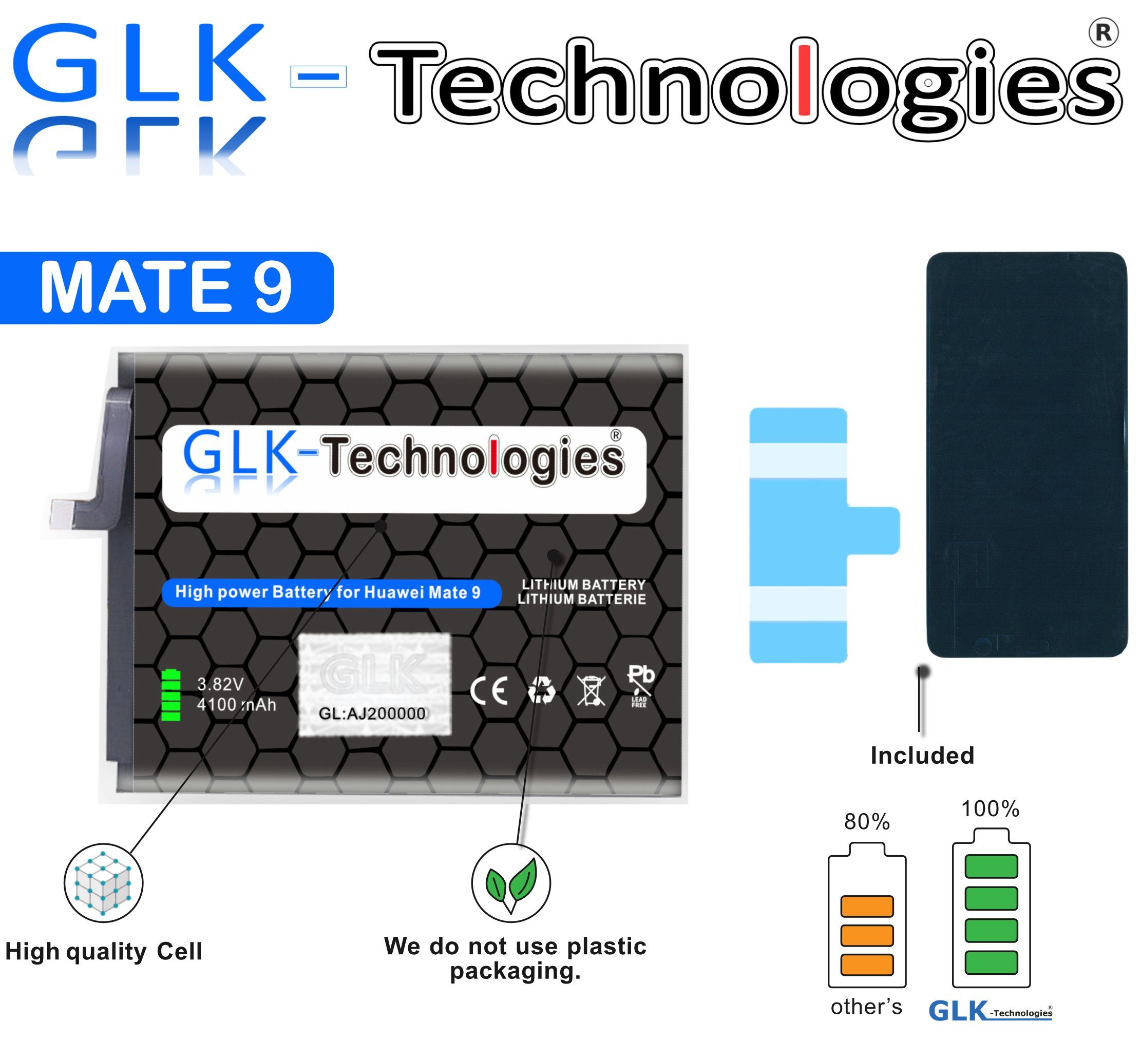 GLK-Technologies High Power Akku kompatibel mit Huawei Mate 9 Akku, GLK-Technologies Battery, accu, 4100mAh Akku, Ohne Set Handy-Akku 4100 mAh (3.8 V)