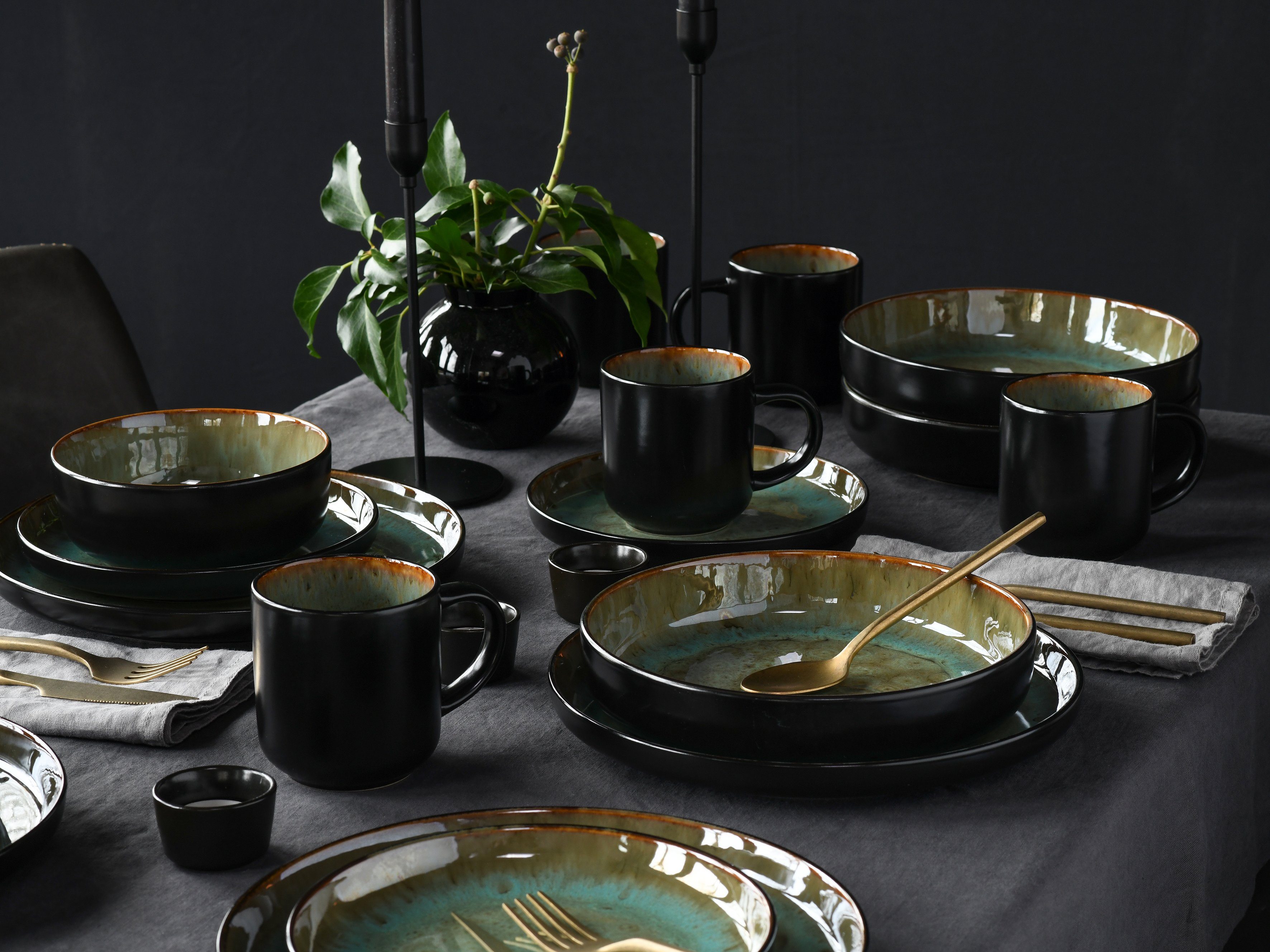 CreaTable Kombiservice Nordic Fjord (30-tlg), 6 Personen, Steinzeug, je 6 Speiseteller, Suppenteller, Dessertteller, Schalen, Kaffeebecher