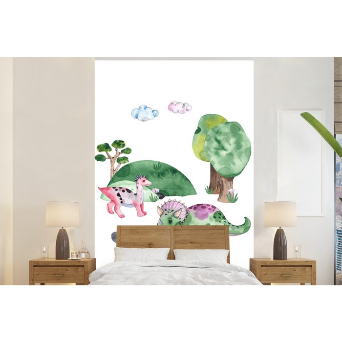 MuchoWow Fototapete Dinosaurier - Kinderzimmer - Wolken - Jungen - Mädchen - Kinder - Matt bedruckt (3 St) Montagefertig Vinyl Tapete für Wohnzimmer Wandtapete