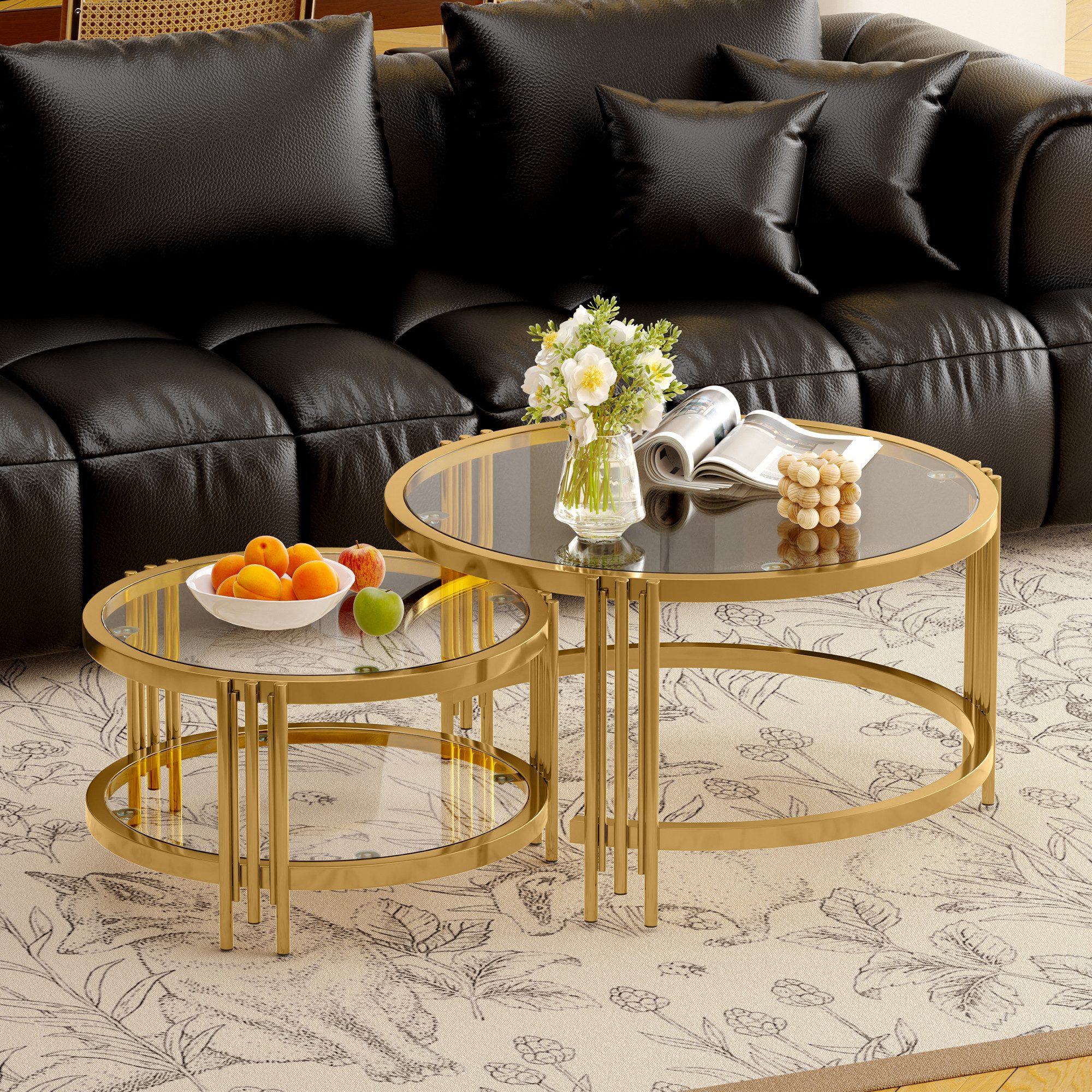 STILVORA Couchtisch Wohnzimmertisch für couch Beistelltisch mit abnehmbarer Tischplatte (Sofatisch mit Rutschfeste Saugnäpfe, Hochtransparente Glasplatte, Hitzebeständig bis 400 °C, Belastbar bis 50 kg, Ø80×H45 & Ø60×H35), Verdickte Metalltischbeine mit galvanisierter Oberfläche