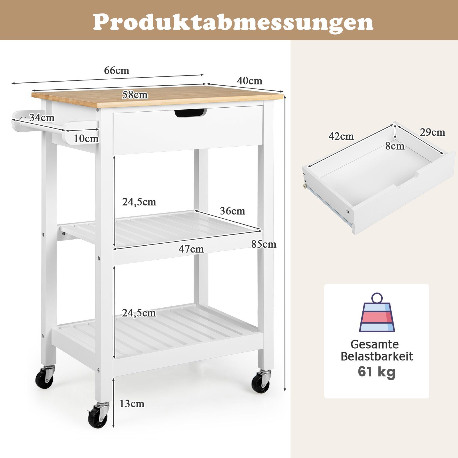 COSTWAY Küchenwagen, mit Schublade, 2 offenen Regalen, Schiebegriff, bis 61kg