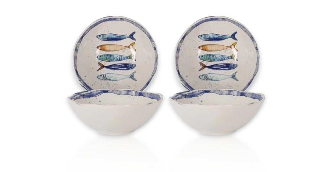 WestCraft Speiseteller Schüssel, mediterran mit Sardinen-Motiv, Maritime Bowl, Schale 16 cm, (4 St), 4er Set, hochwertig und robust - langlebig und vielseitig einsetzbar