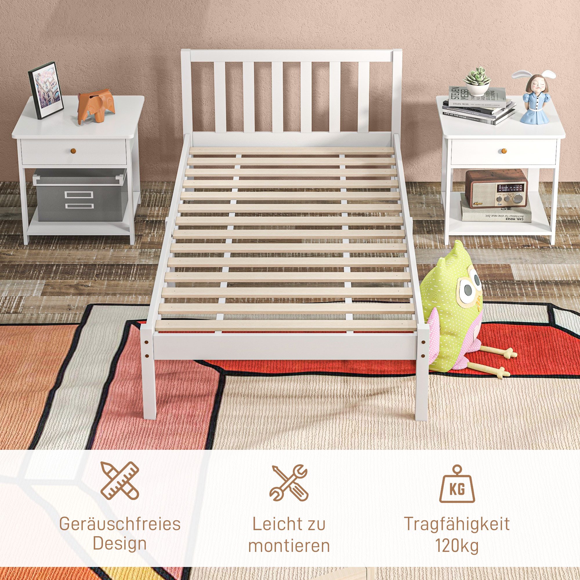 HOMCOM Bettgestell Bettrahmen Holzbett 208x96 cm, mit Kopfteil, für Schlafzimmer (Bettkasten, 1-tlg., Einzelbettgestell), für Wohnzimmer,Weiß – Bild 5 von 5