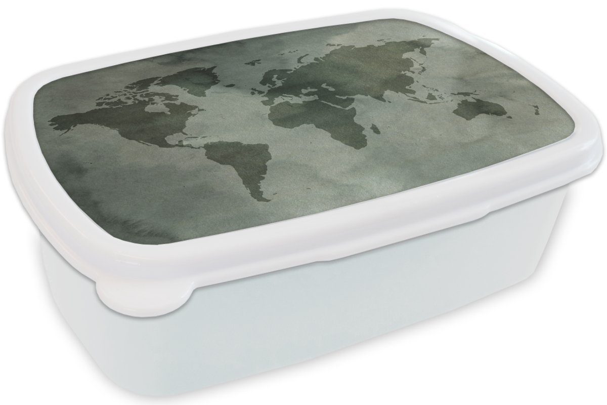 Weltkarte für - Lunchbox MuchoWow Erwachsene, weiß (2-tlg), Aquarell Grau, Mädchen Brotbox für Kunststoff, Brotdose, Kinder und und - Jungs
