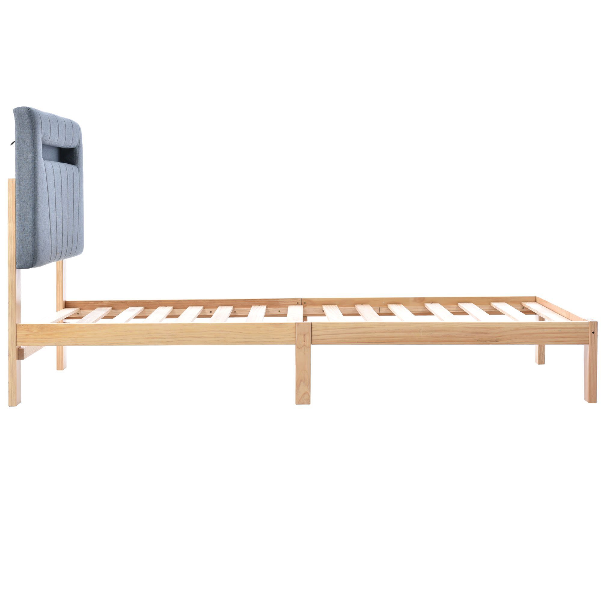 Massivholzbett (Einzelbett Jugendbett), mit LED-Beleuchtung & Polsterkopfteil, 90x200cm