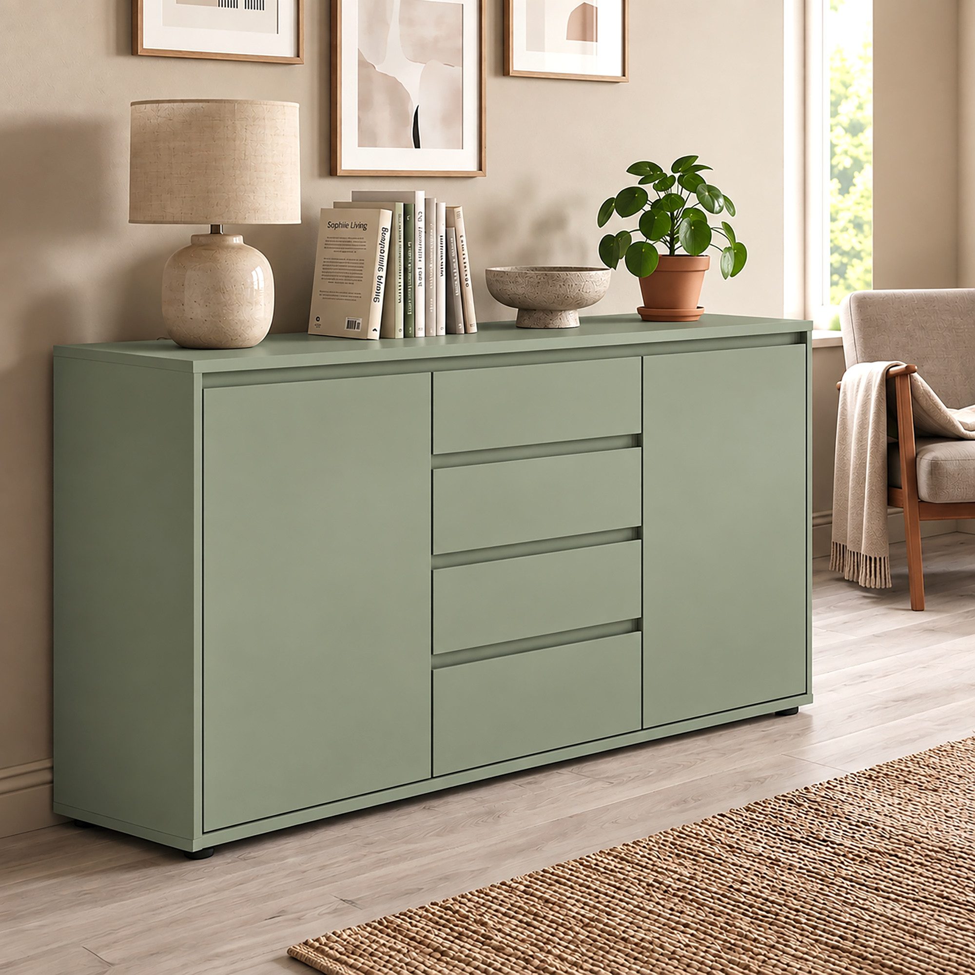 Lomadox Sideboard ZOLLINO-129, in Grün, 137 cm breit mit 2 Türen & 4 Schubladen